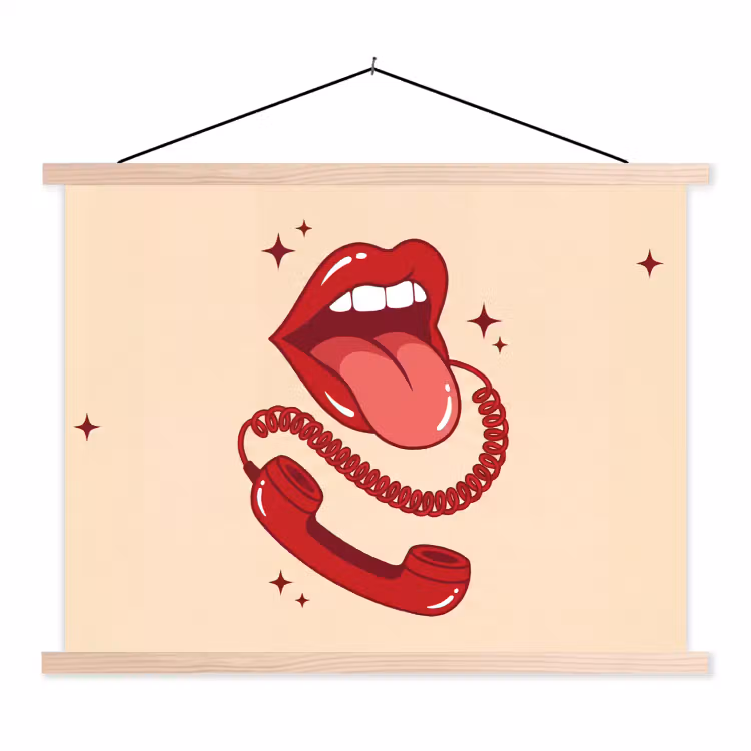 Mond - Telefoon - Popart - Rood - Illustratie textielposter latten blank klein -3d