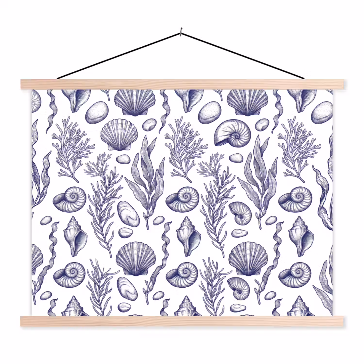 Schelpen - Zeewier - Oceaan - Illustratie - Blauw textielposter latten blank klein -3d