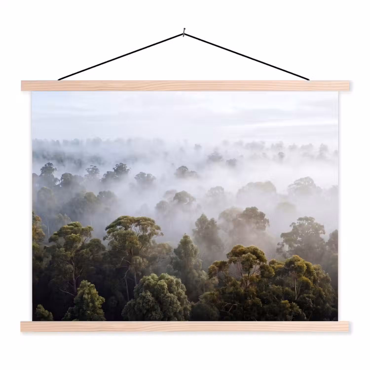 Natuur - Mist - Bos - Ochtend - Goud textielposter latten blank klein -3d