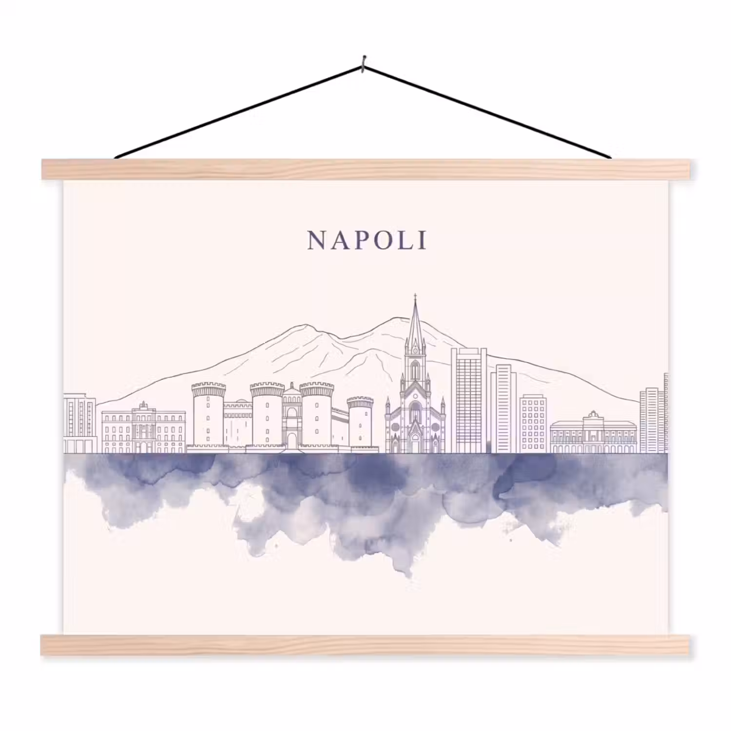 Napels - Skyline - Italie - Lijntekening - Aquarel textielposter latten blank klein -3d