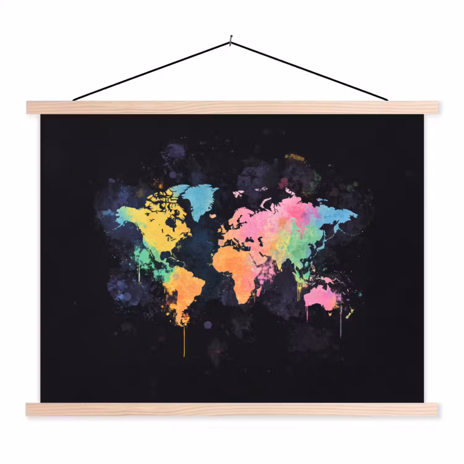 Neon - Pastel - Wereldkaart - Mistig textielposter latten blank klein -3d