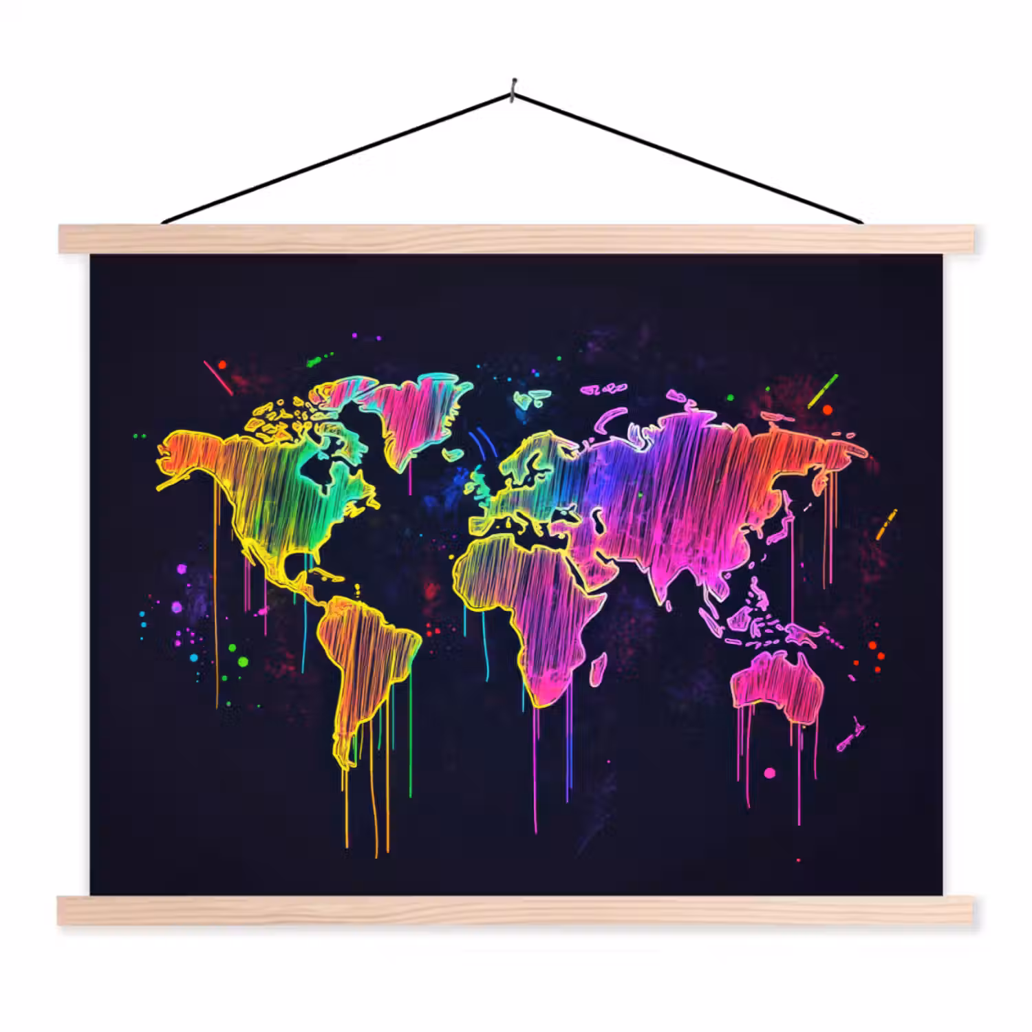 Neon - Wereldkaart - Kleur - Drip textielposter latten blank klein -3d