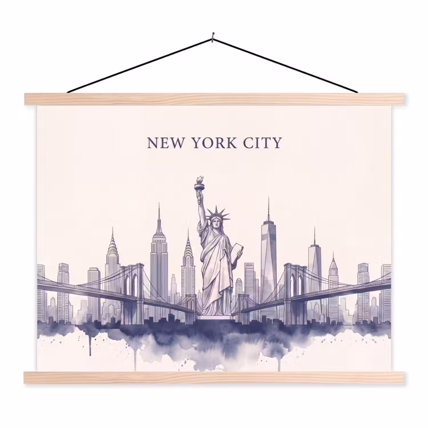 New York - Vrijheidsbeeld - Skyline - Illustratie - Blauw textielposter latten blank klein -3d