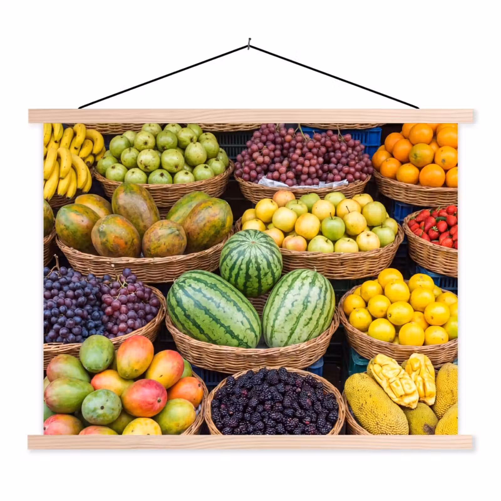 Stoffbild - Obst – Markt – Bunt - Fruit - Markt - Kleurrijk textielposter latten blank klein