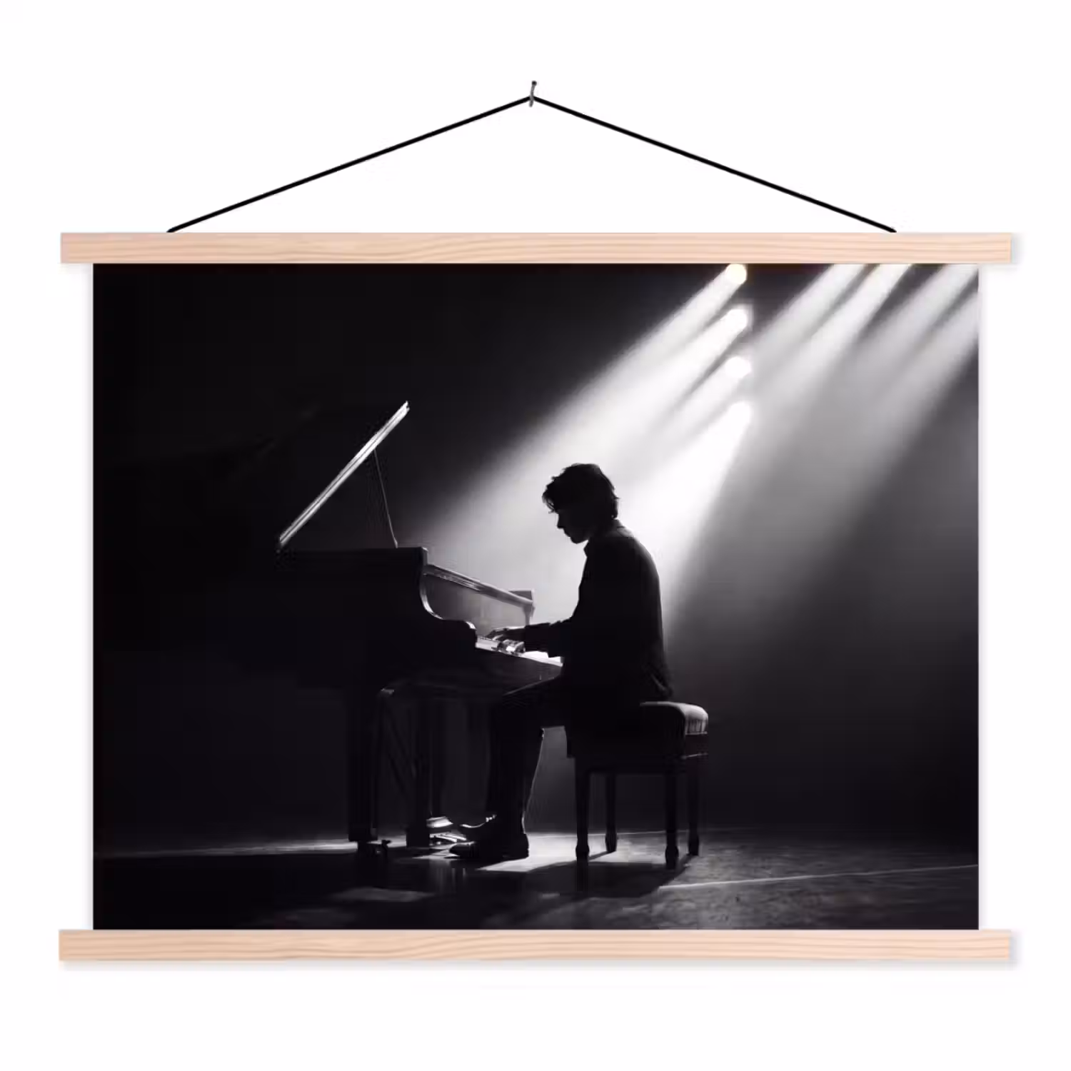 Persoon - Piano - Muziek - Zwart-wit - Podium textielposter latten blank klein -3d