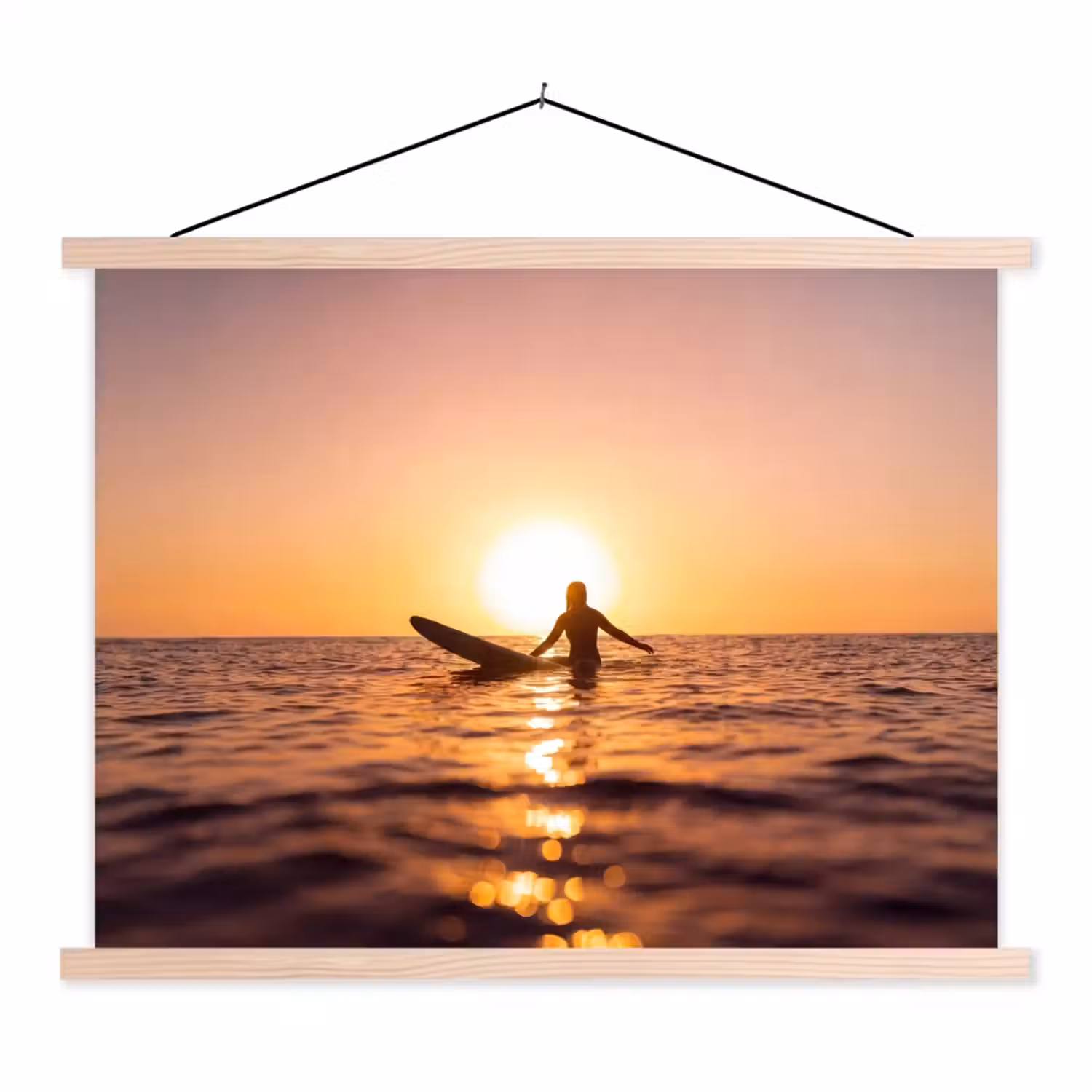 Persoon - Surfen - Zonsondergang - Zee - Oranje textielposter latten blank klein -3d