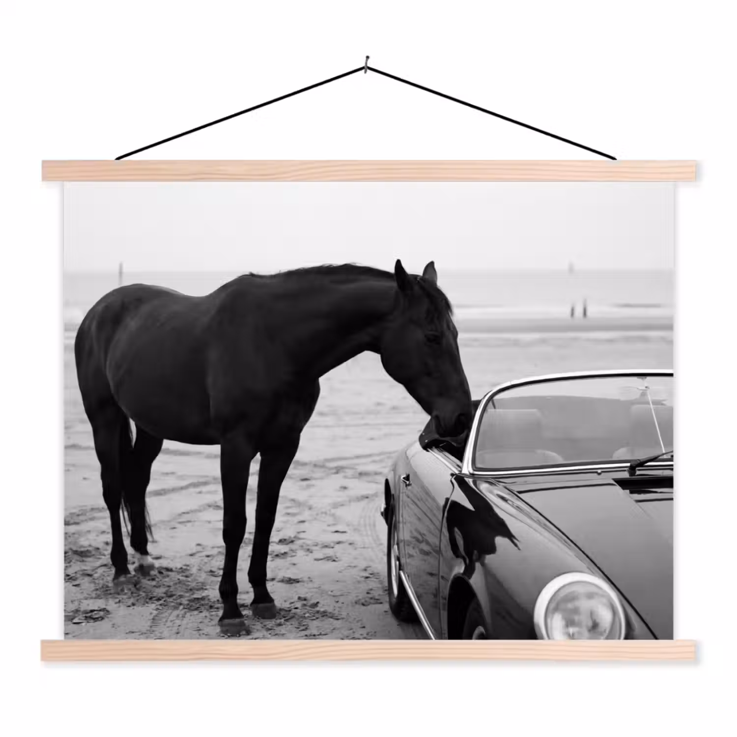 Paard - Auto - Zwart - Wit textielposter latten blank klein -3d