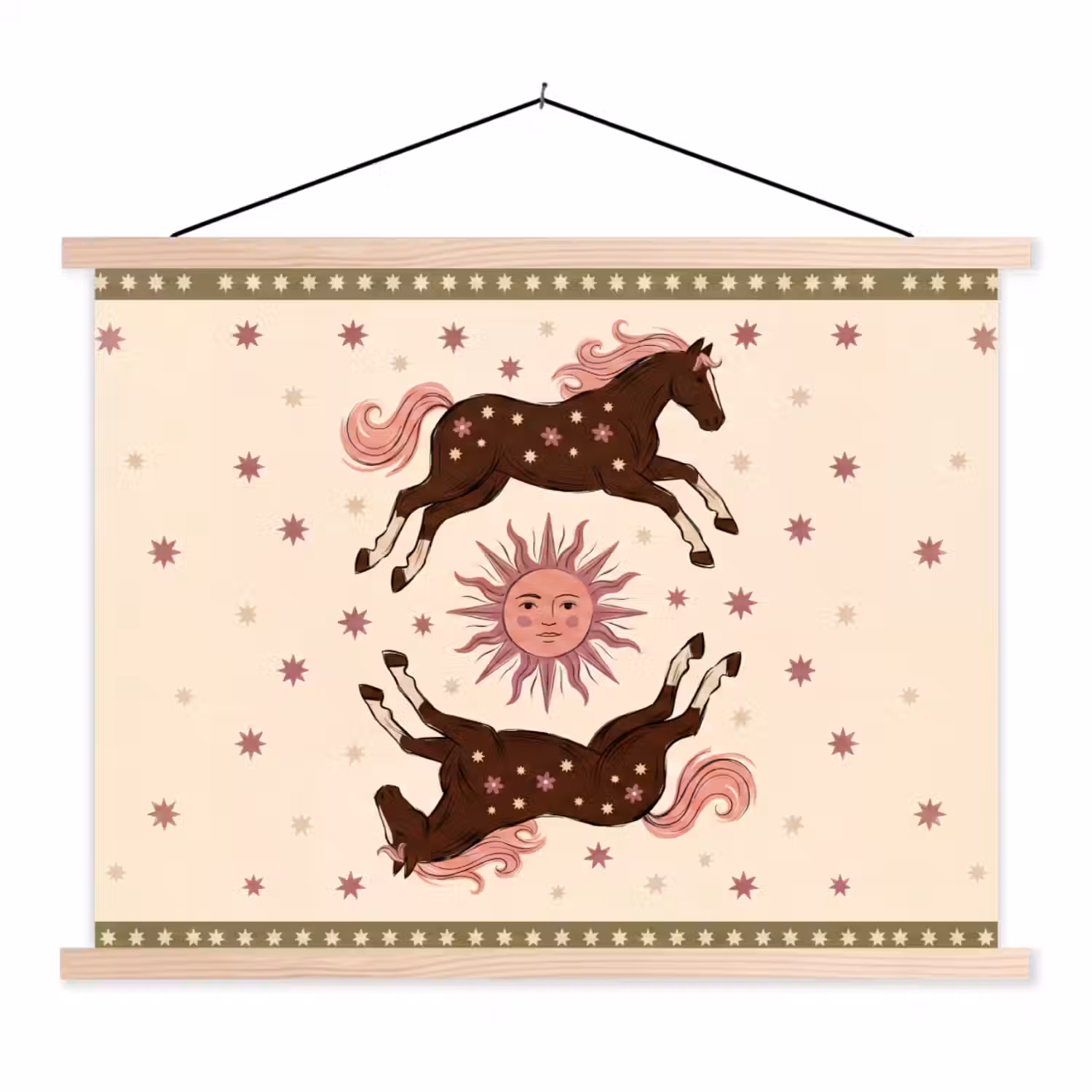 Paard - Zon - Mystiek - Illustratie - Roze textielposter latten blank klein -3d