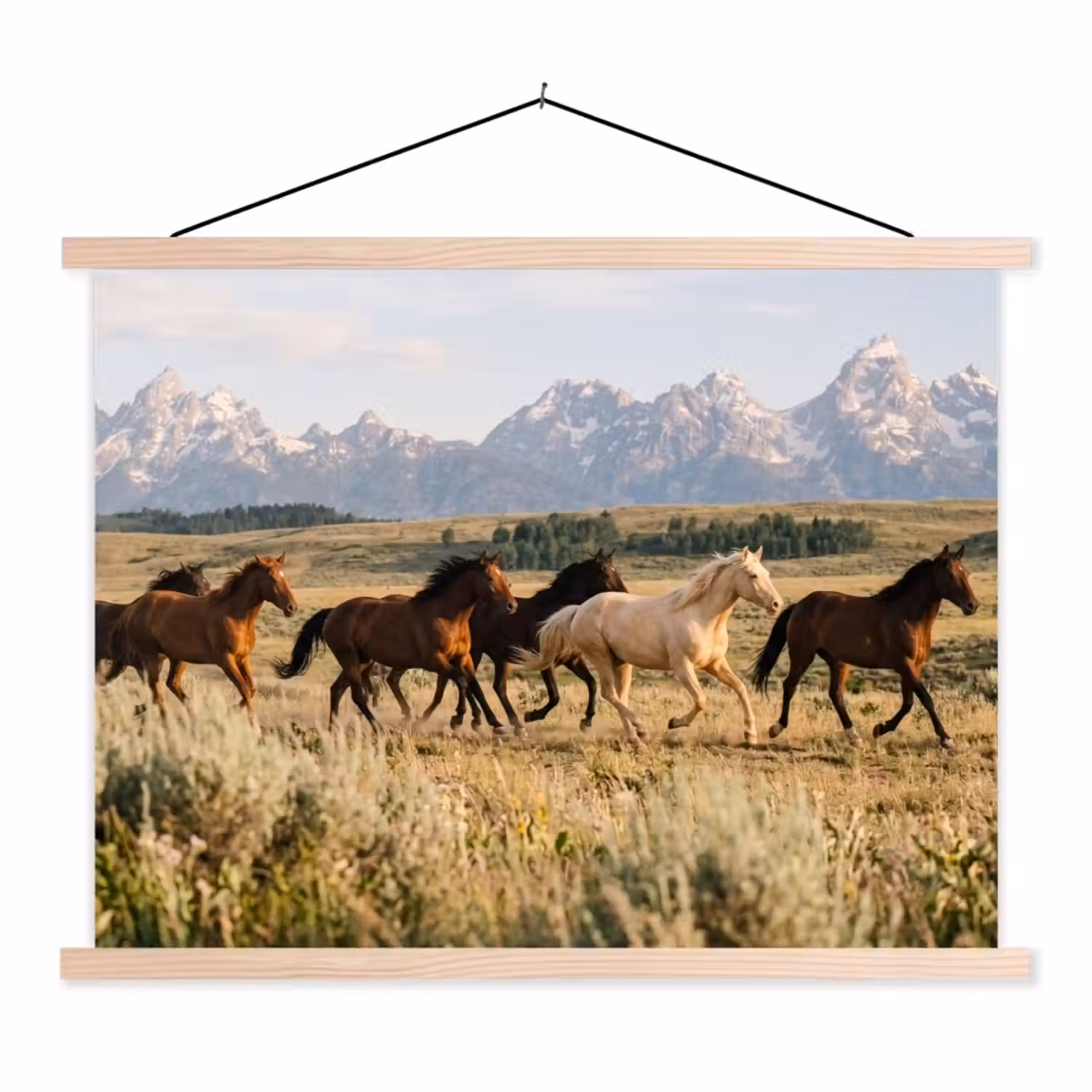 Paarden - Kudde - Bergen - Vrijheid - Wild textielposter latten blank klein -3d