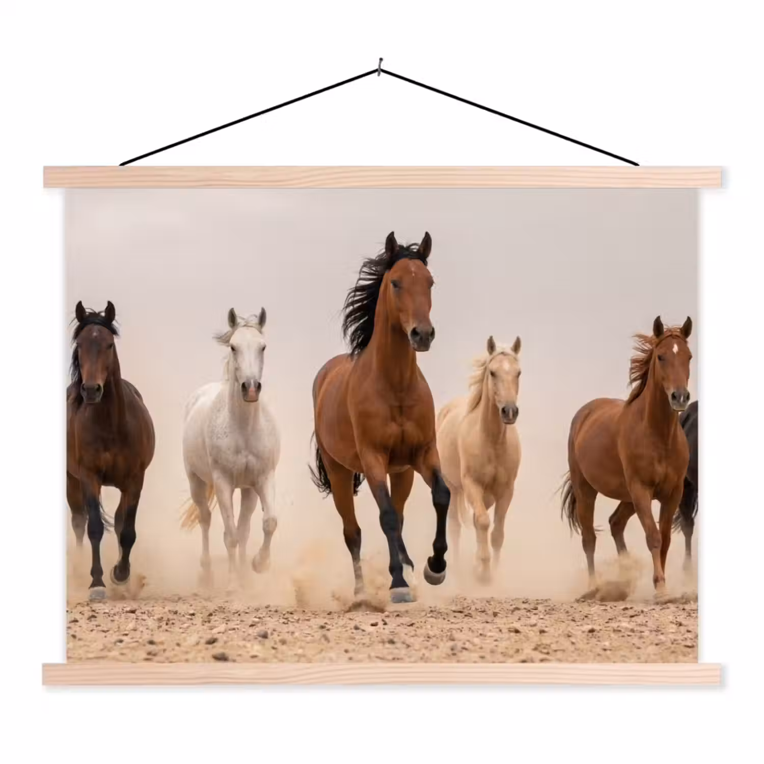 Kudde paarden - Stofwolk - Bruin - Zwart textielposter latten blank klein -3d
