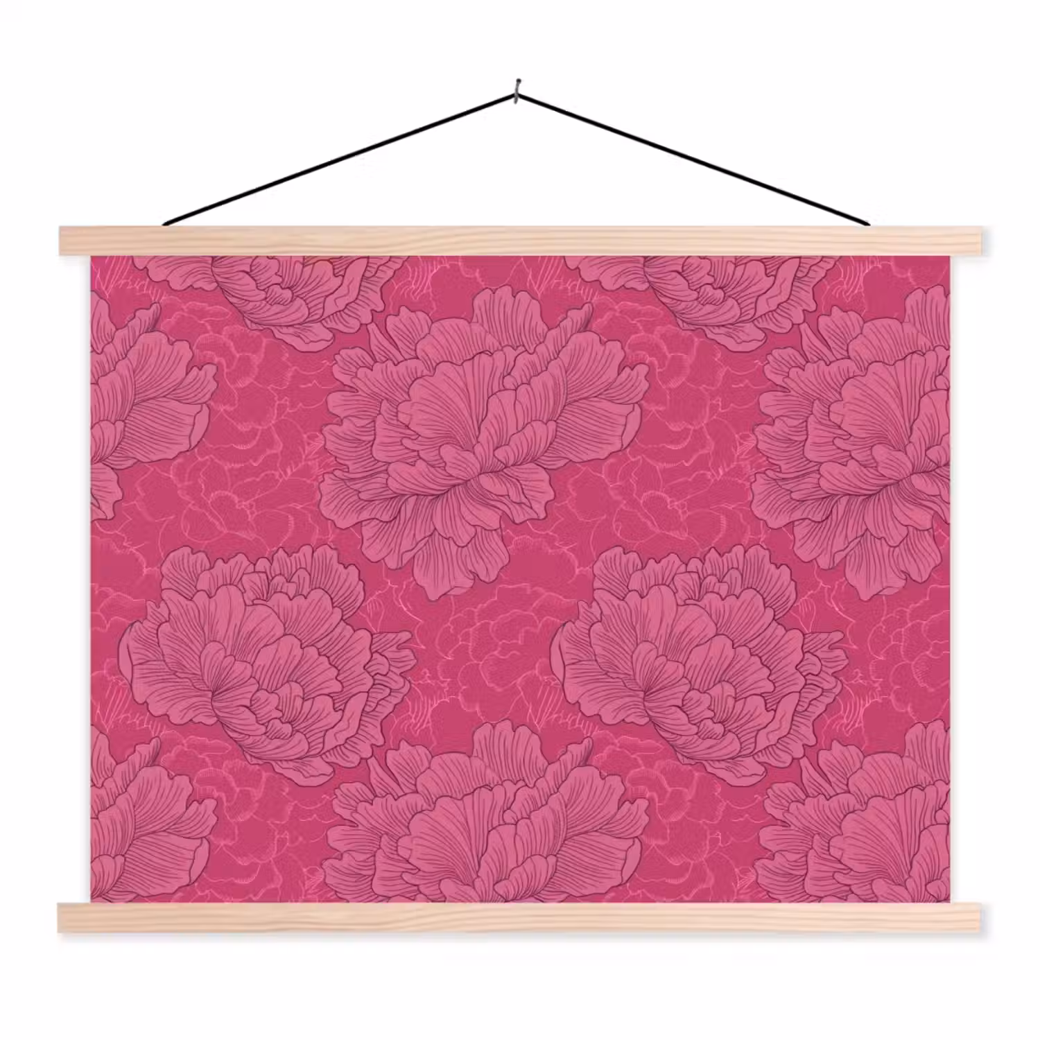 Pioenrozen - Energiek - Roze textielposter latten blank klein 122 -3d