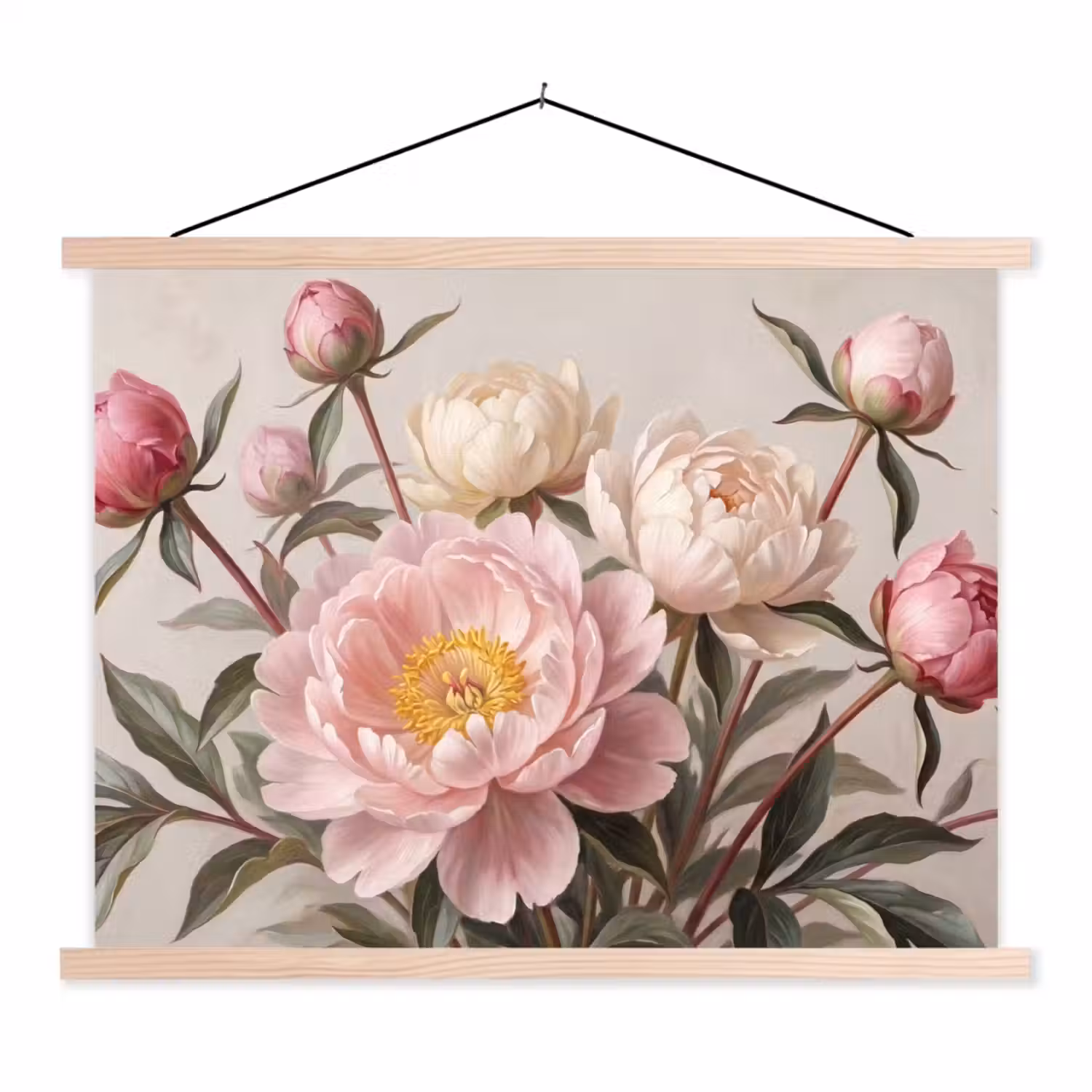 Pioenrozen - Boeket - Roze textielposter latten blank klein -3d