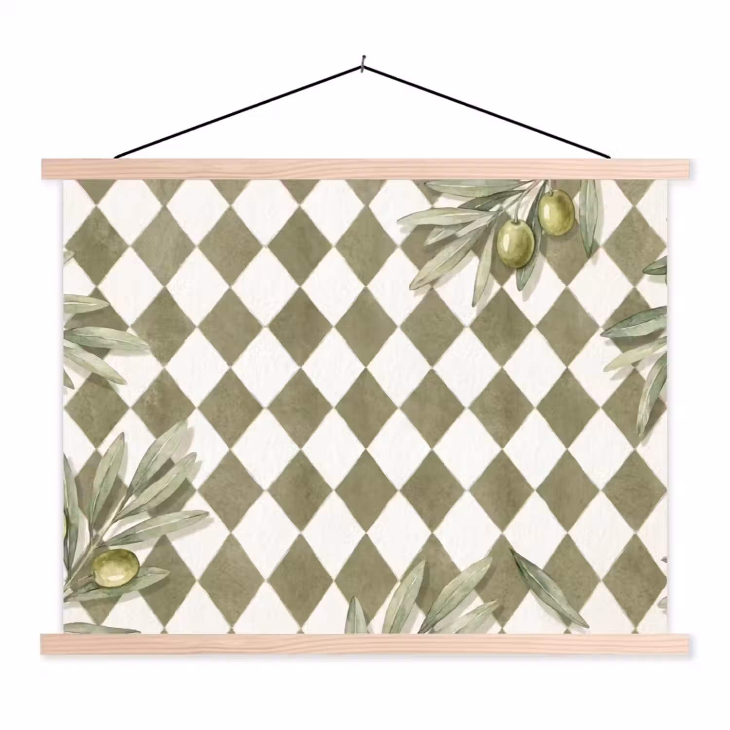 Plant - Olijftakken - Waterverf - Mediterraan - Groen textielposter latten blank klein -3d
