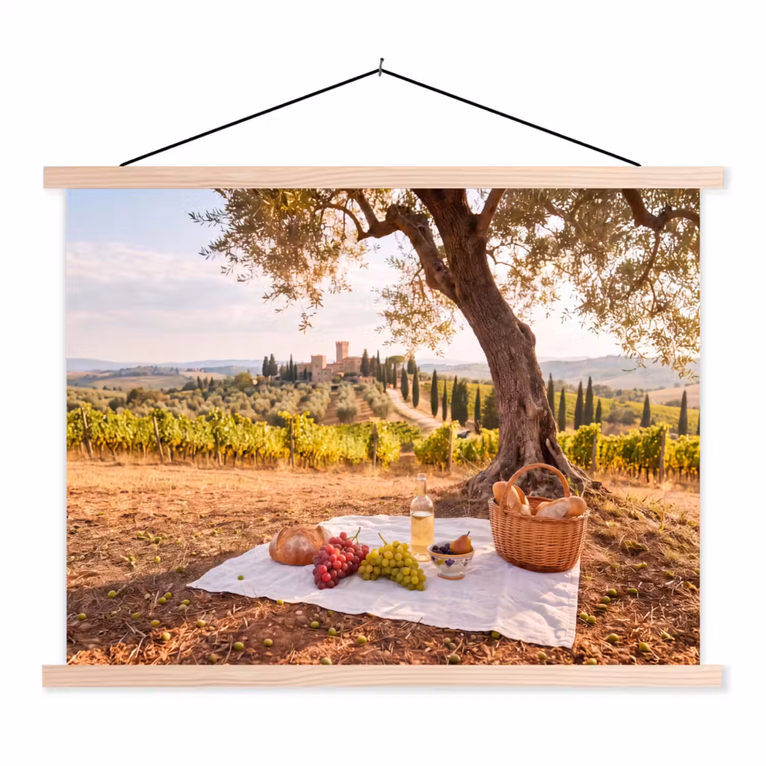 Picknick - Wijngaard - Landschap - Zomer - Eten textielposter latten blank klein -3d