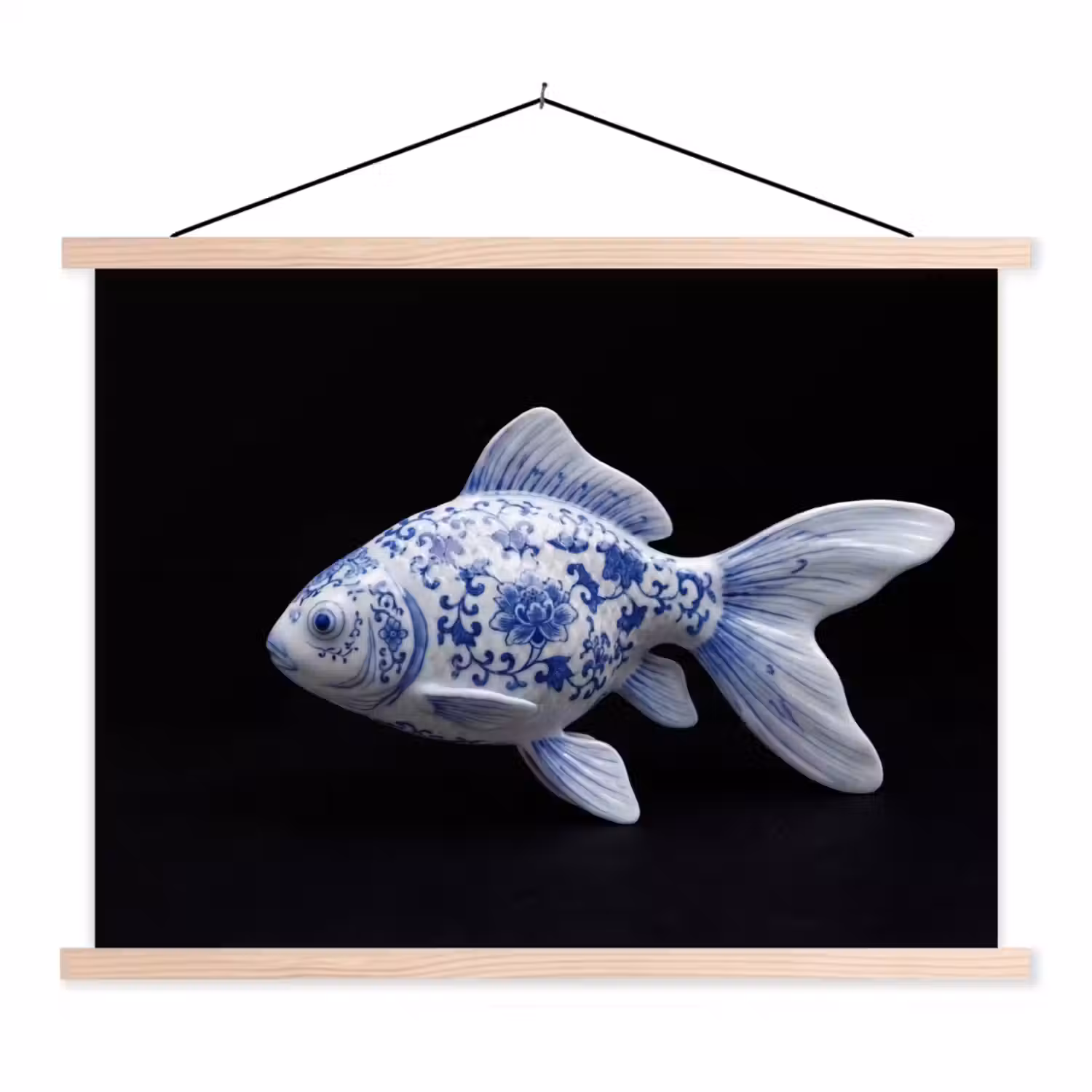 Porselein - Goudvis - Delfts - Blauw textielposter latten blank klein -3d