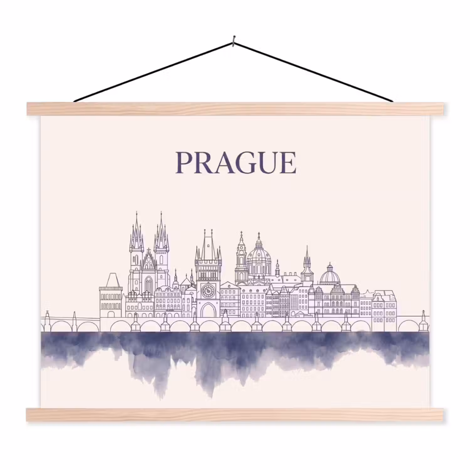 Praag - Skyline - Architectuur - Blauw textielposter latten blank klein -3d