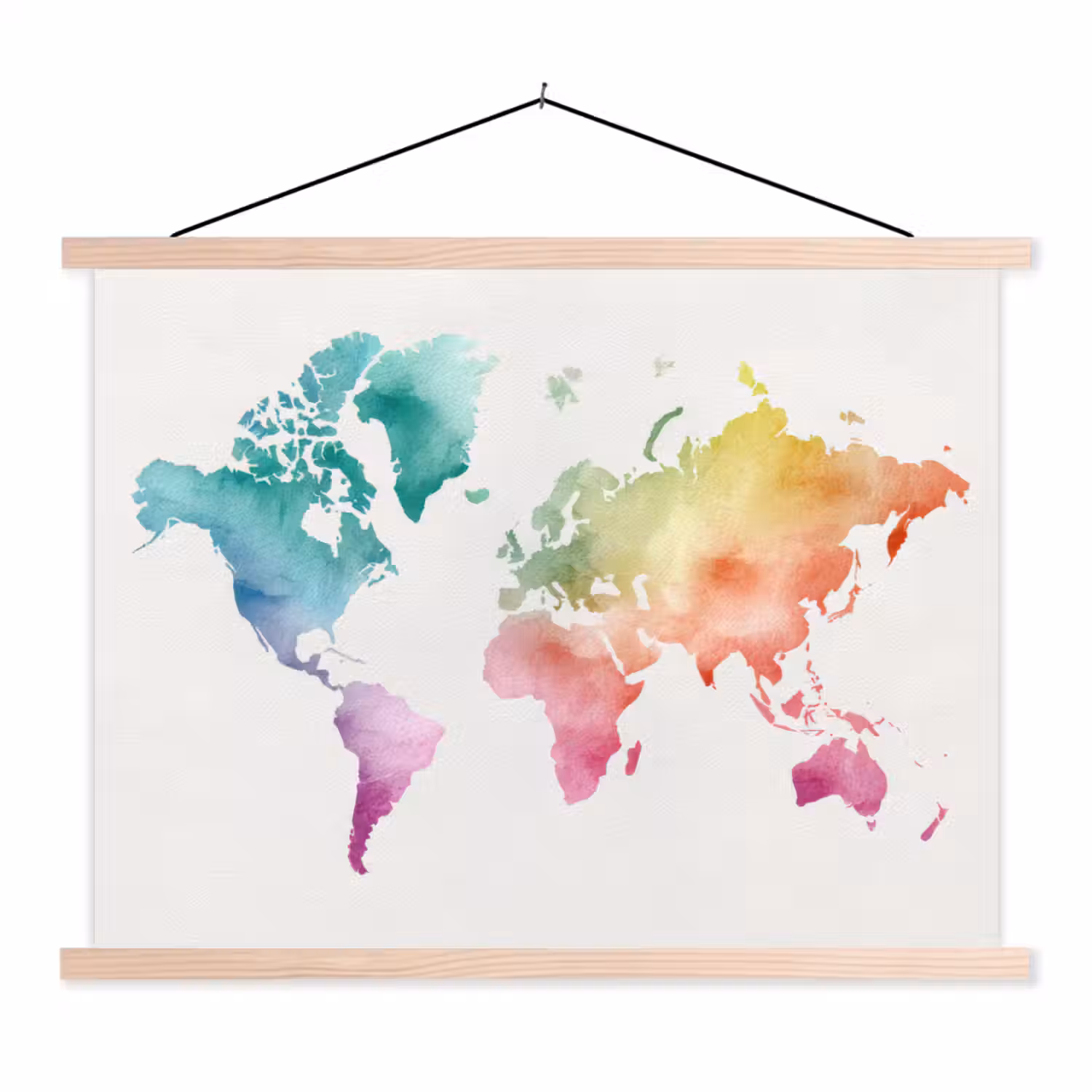 Regenboog - Wereldkaart - Overloop textielposter latten blank klein -3d