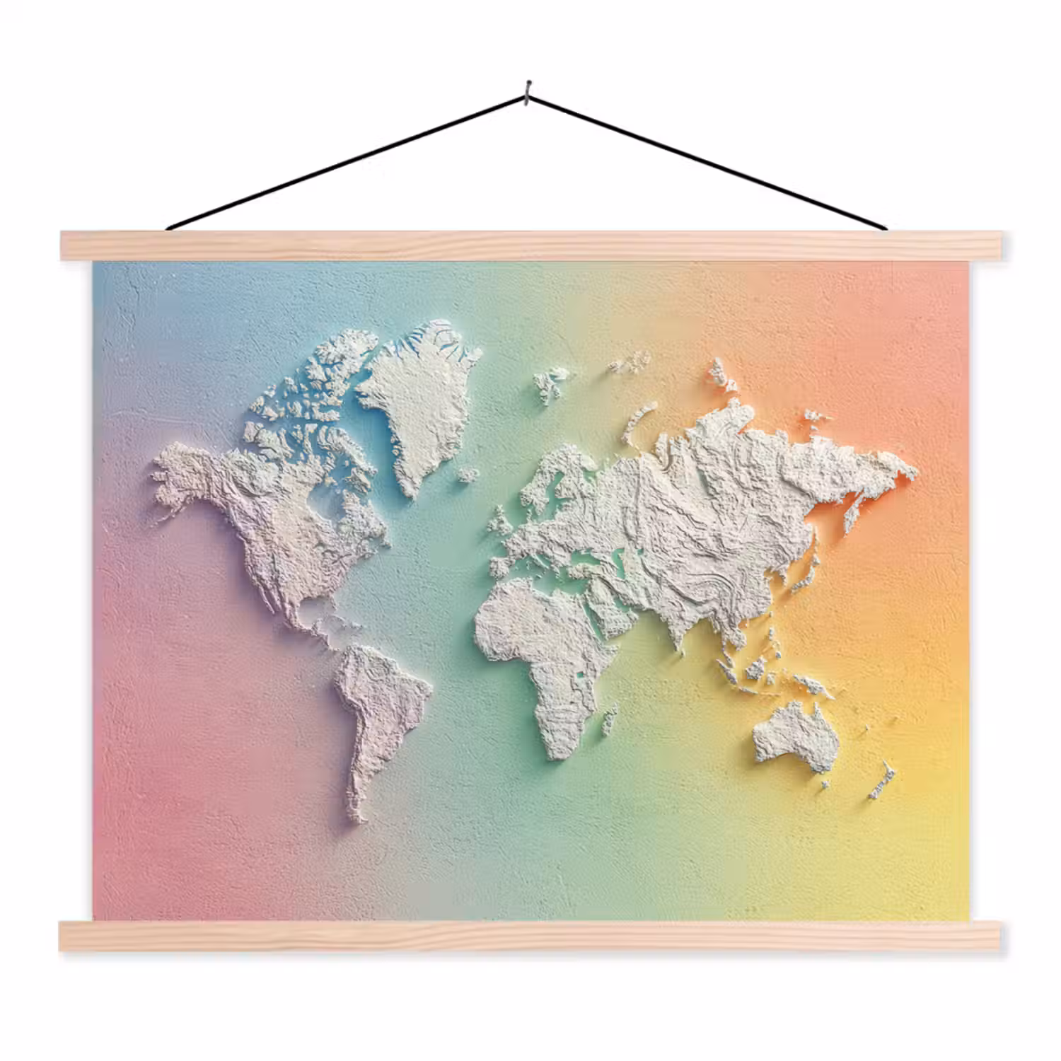 Regenboogkleuren - Wereldkaart - Zacht - Continenten textielposter latten blank klein -3d