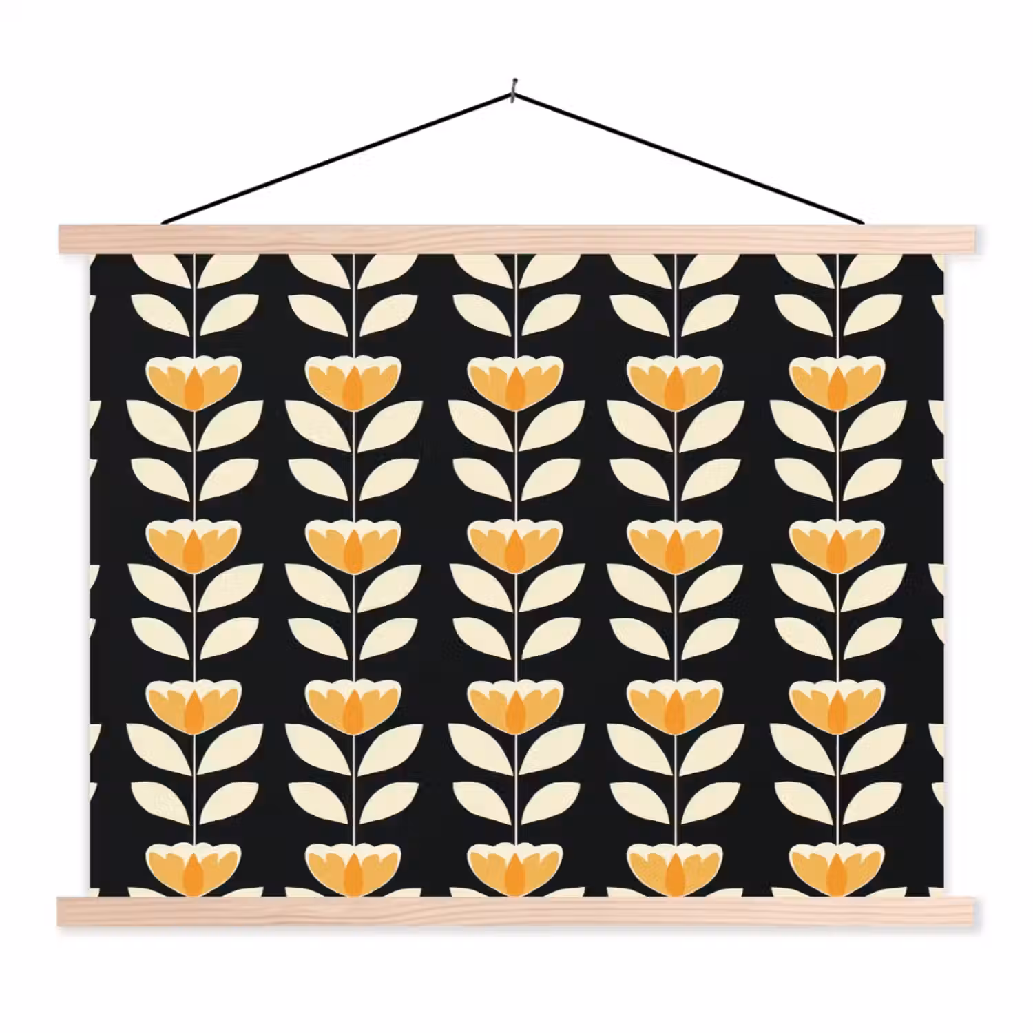Retro - Bloem - Zwart - Okergeel textielposter latten blank klein 122 -3d