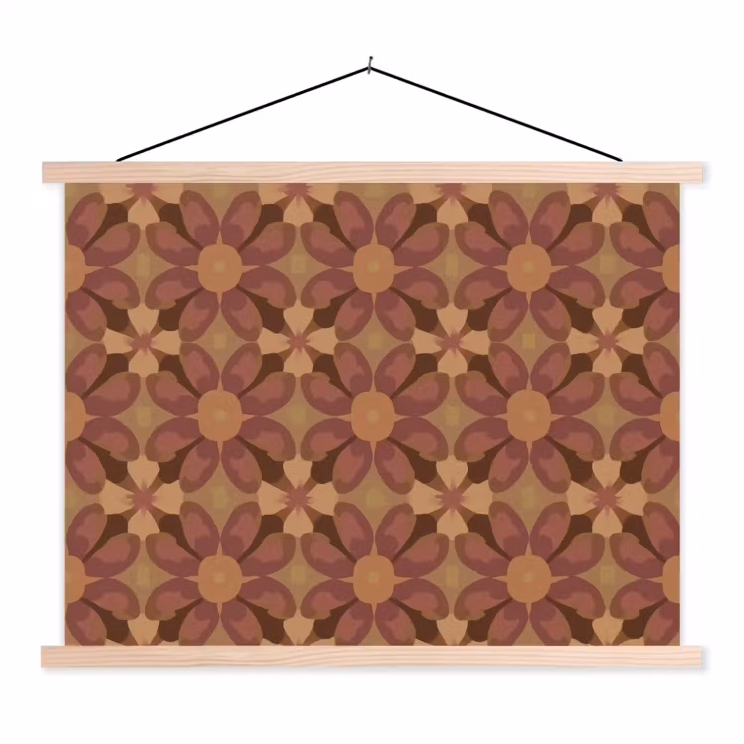 Retro - Bloemen - Bruin textielposter latten blank klein 122 -3d