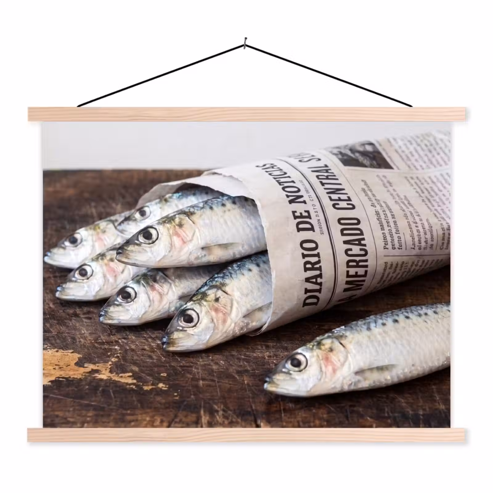 Stoffbild - Sardine – Zeitung – Schneidebrett - Sardientje - krant - snijplank textielposter latten blank klein