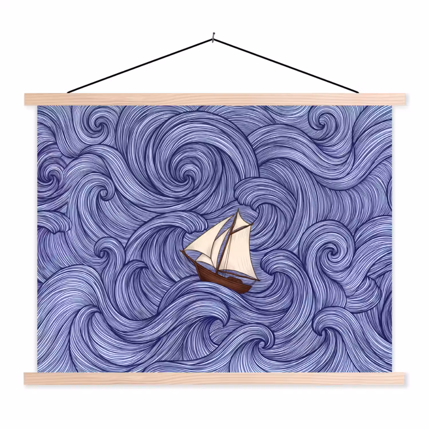 Schip - Golven - Zee - Illustratie - Blauw textielposter latten blank klein -3d
