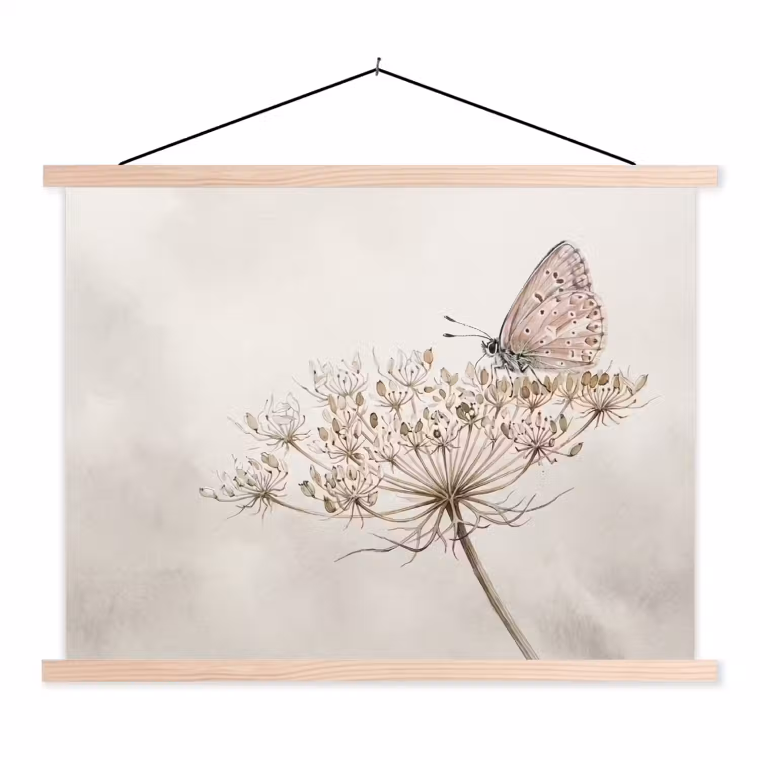 Vlinder - Bloem -Natuur - Beige textielposter latten blank klein -3d