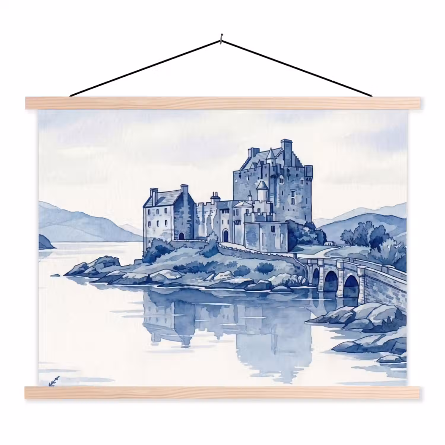 Schots - Kasteel - Blauw - Aquarel textielposter latten blank klein -3d