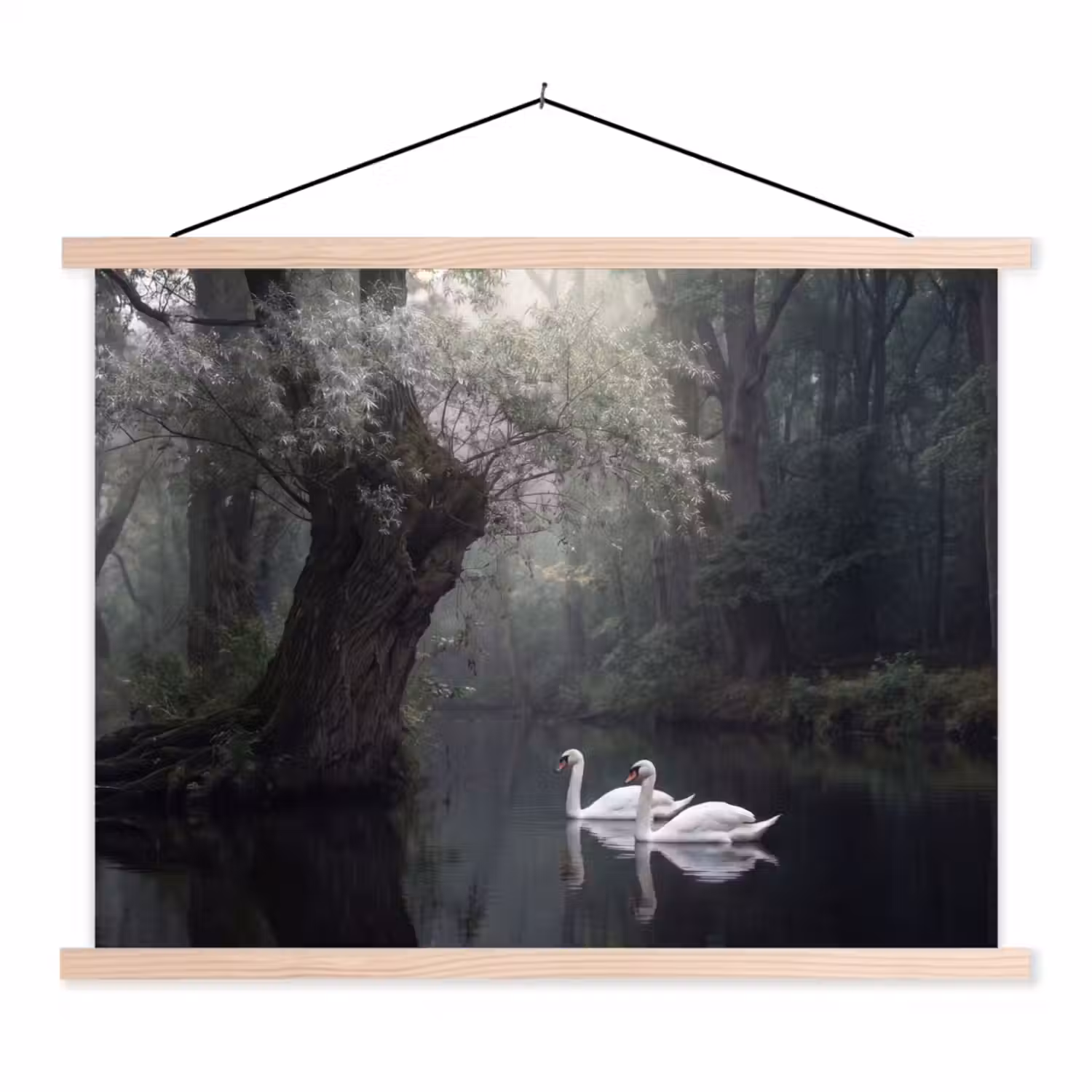 Zwanen - Rivier - Bos textielposter latten blank klein -3d