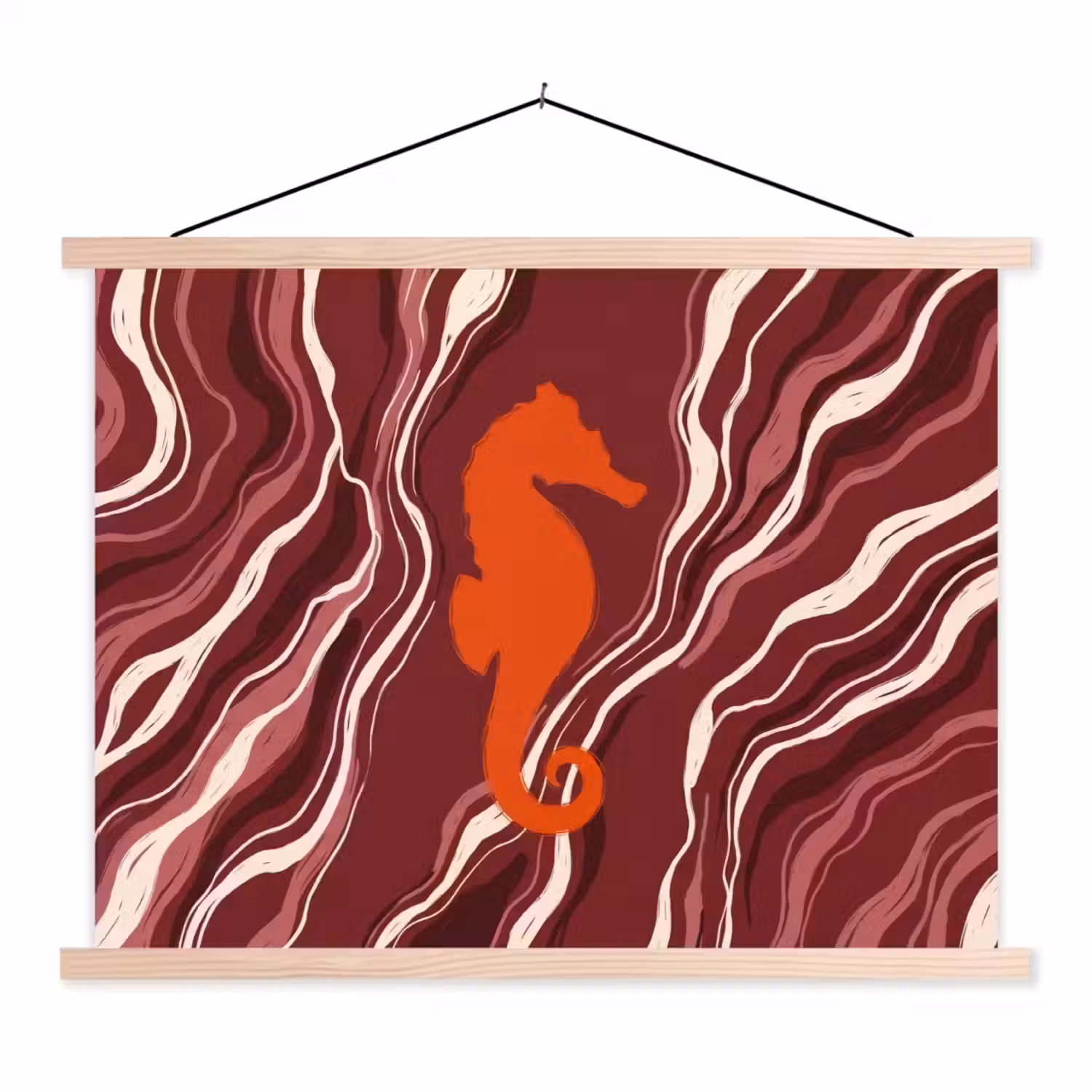 Zeepaardje - Golven - Zeeleven - Abstract - Oranje textielposter latten blank klein -3d