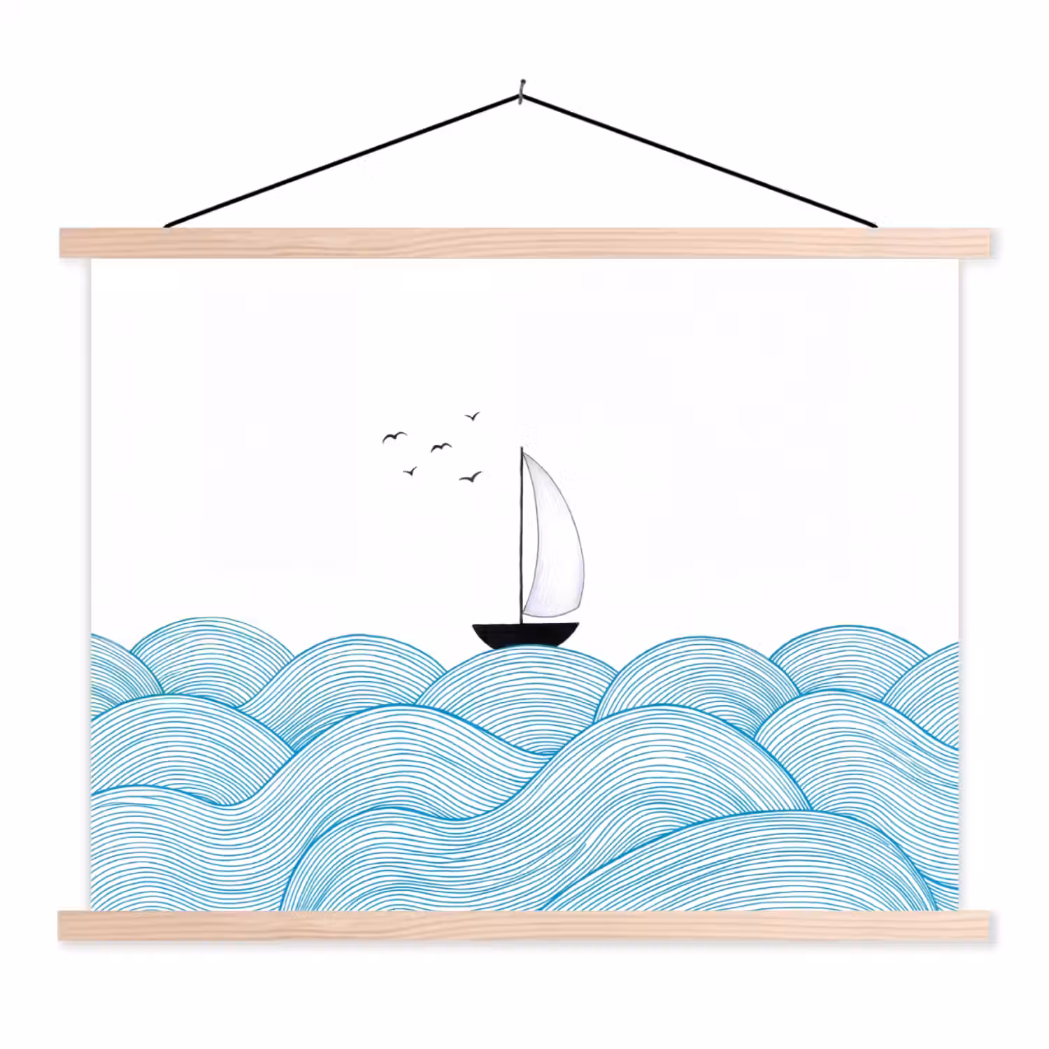Zeilboot - Golven - Zee - Illustratie - Blauw textielposter latten blank klein -3d