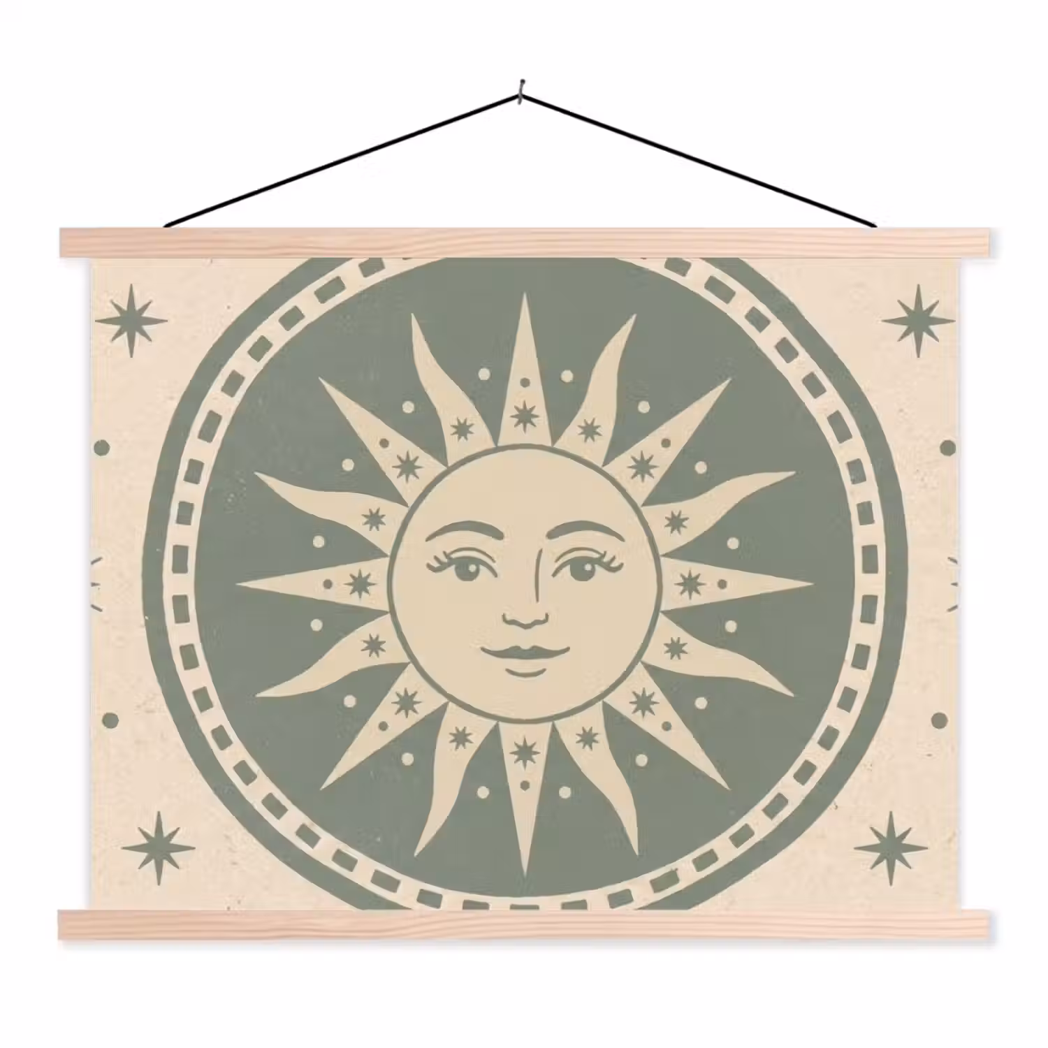 Zon - Sterren - Astrologie - Vintage - Groen textielposter latten blank klein -3d