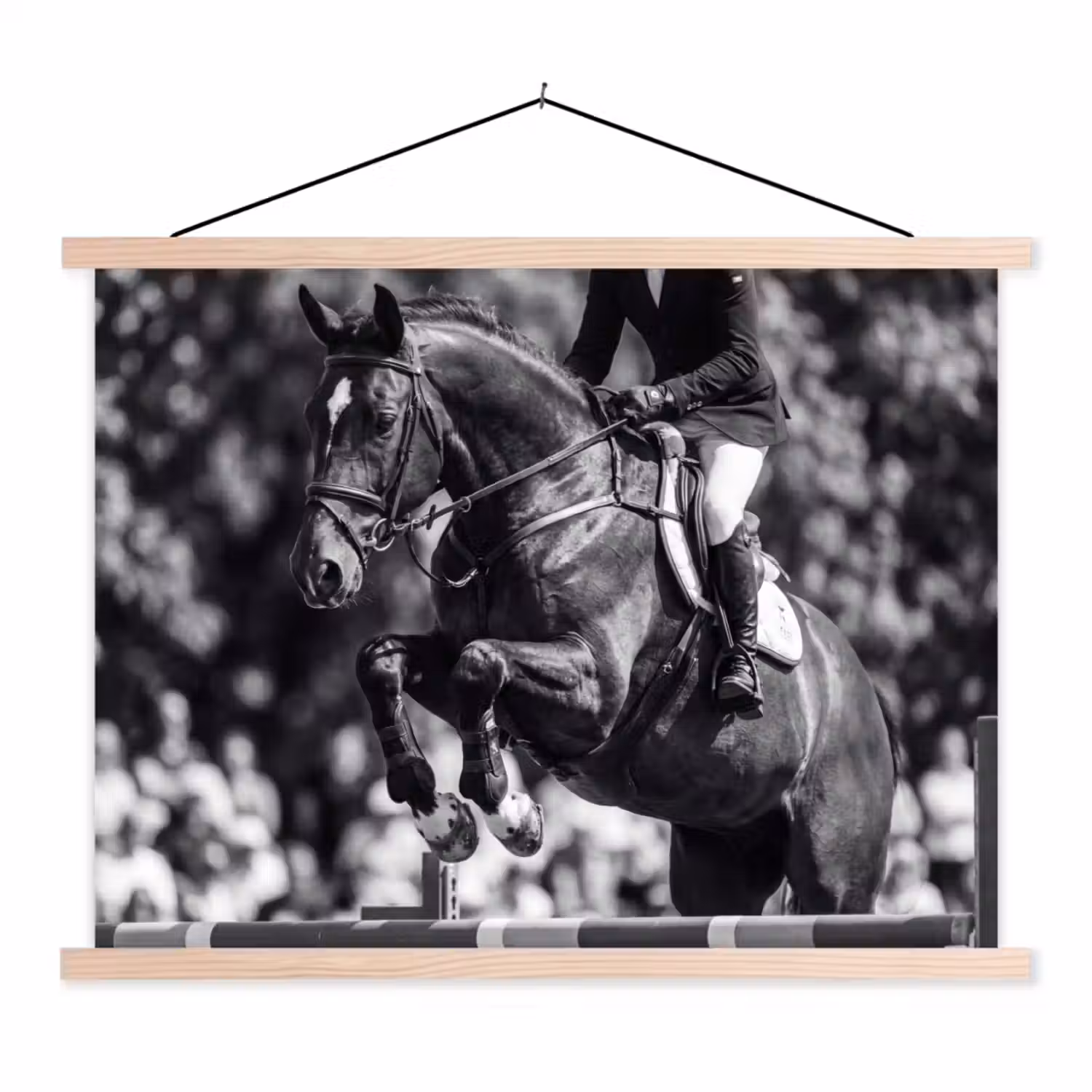Springen - Paard - Zwart - Wit textielposter latten blank klein -3d