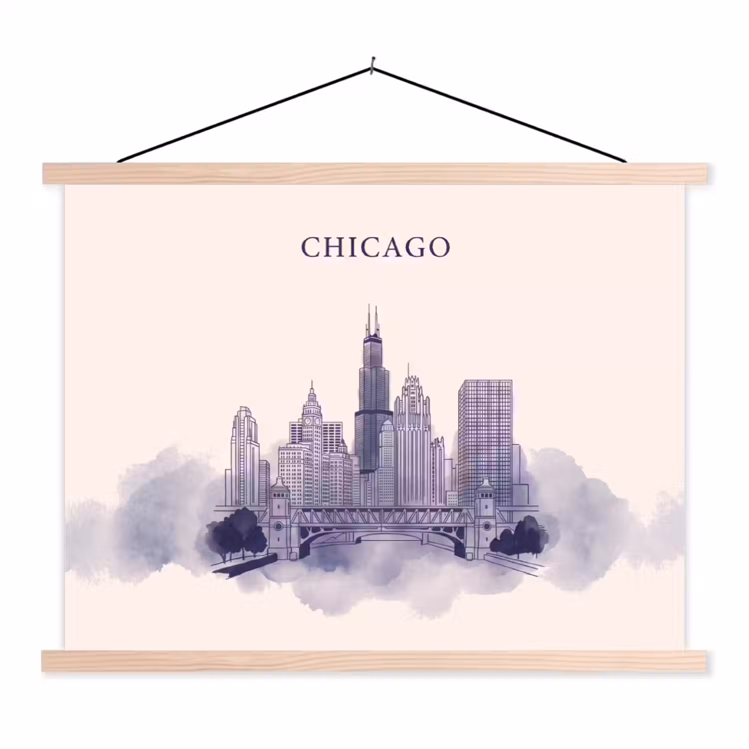 Stad - Skyline - Architectuur - Lijntekening - Blauw textielposter latten blank klein -3d