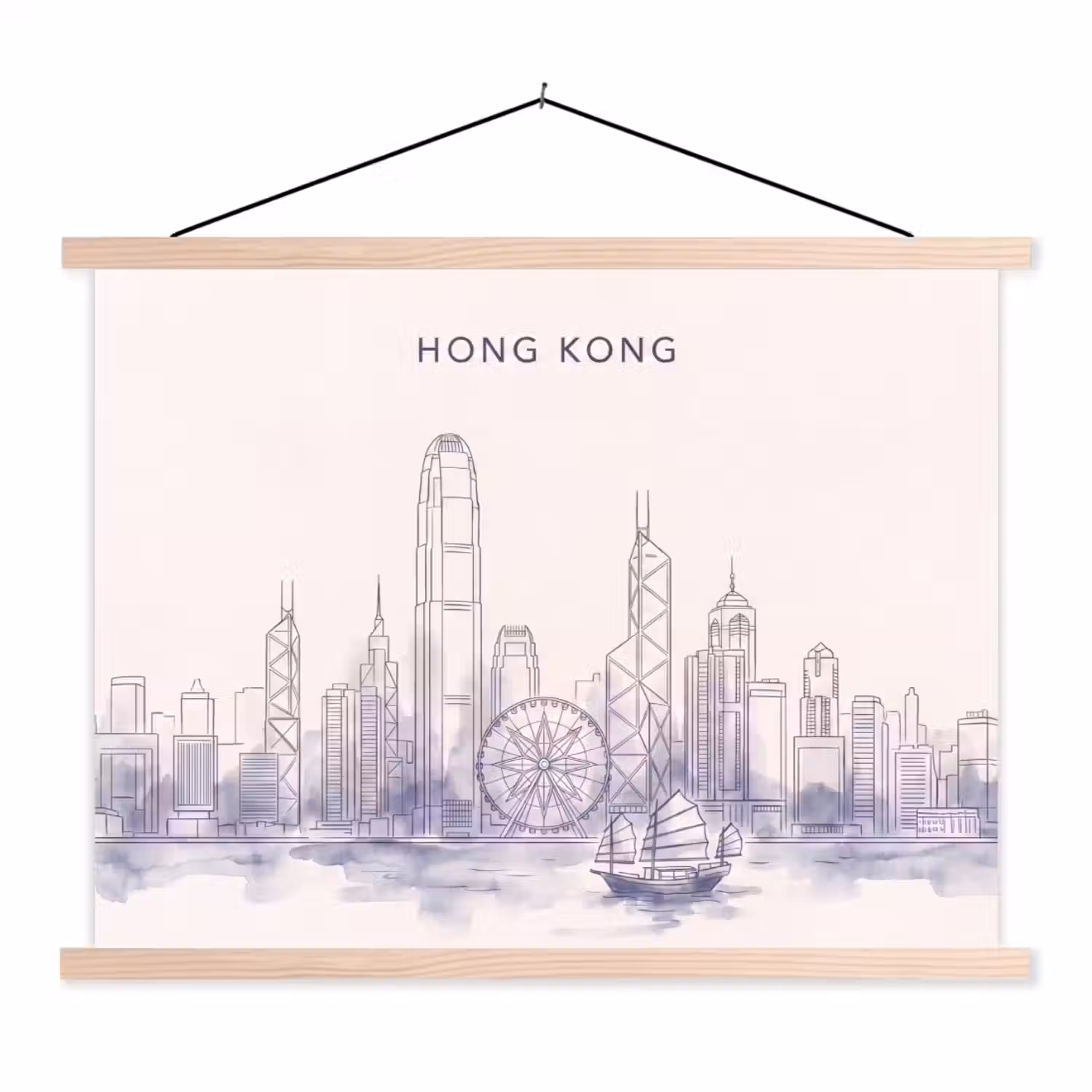 Stad - Skyline - Water - Lijntekening - Blauw textielposter latten blank klein -3d