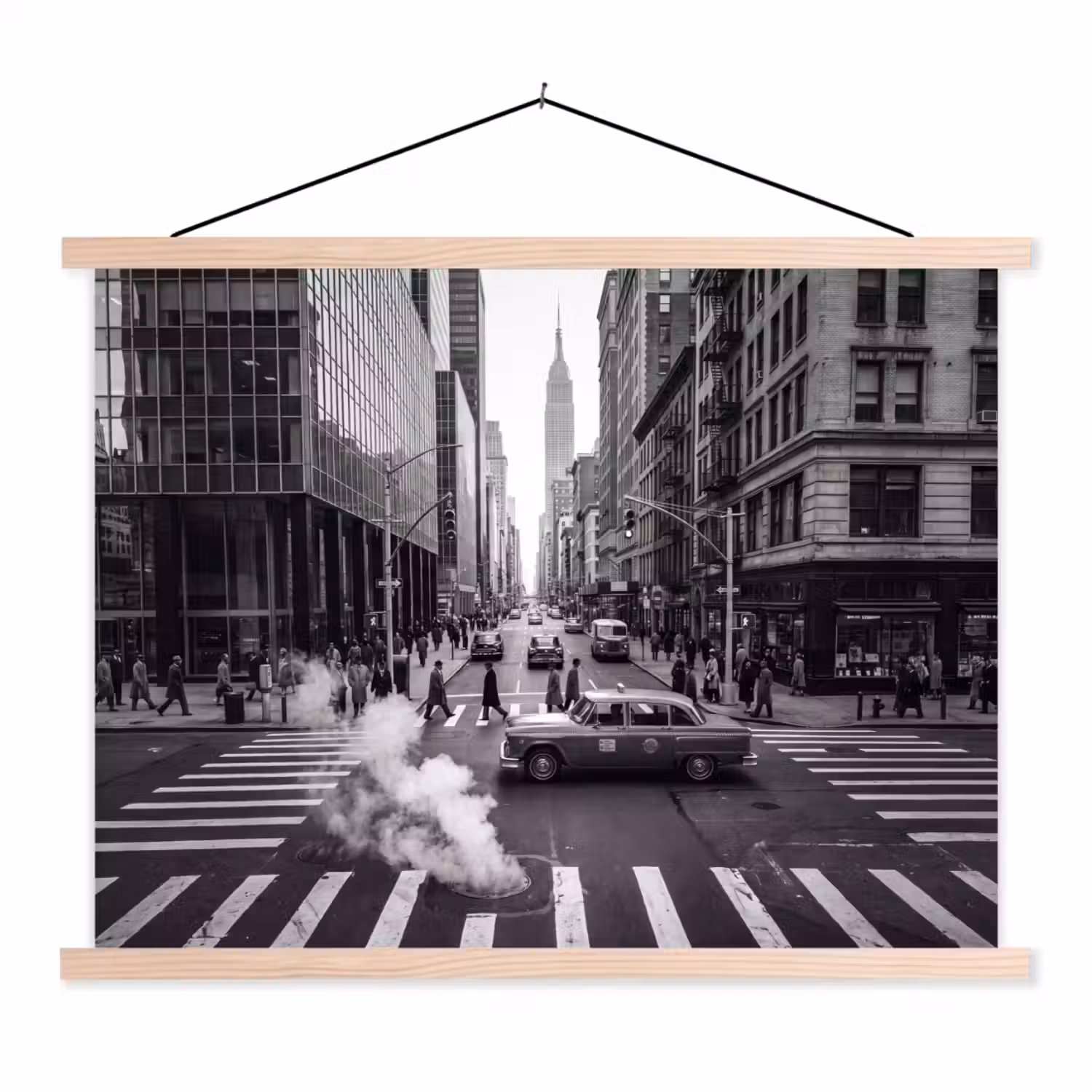 Stad - Straat - Gebouwen - Verkeer - Zwart-wit textielposter latten blank klein -3d