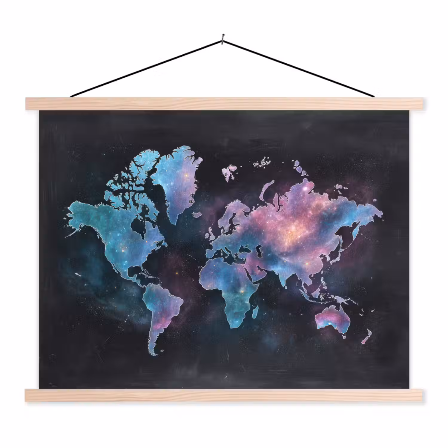 Sterren - Wereldkaart - Blauw textielposter latten blank klein -3d
