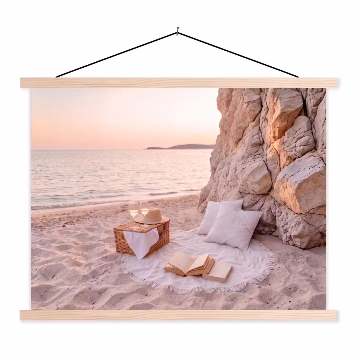 Strand - Picknick - Zonsondergang - Zomer - Natuur textielposter latten blank klein -3d