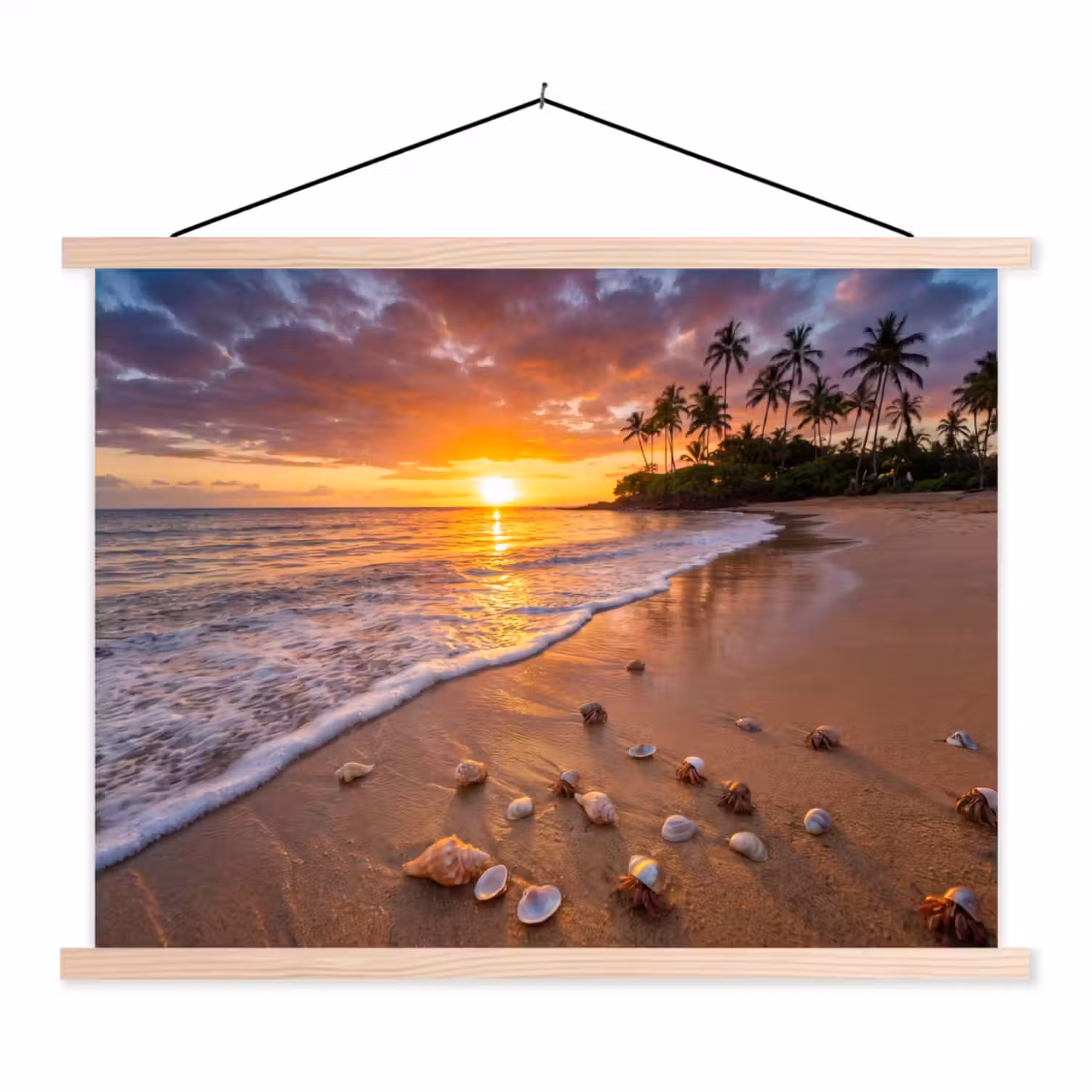 Strand - Zonsondergang - Palmbomen - Natuur - Oranje textielposter latten blank klein -3d