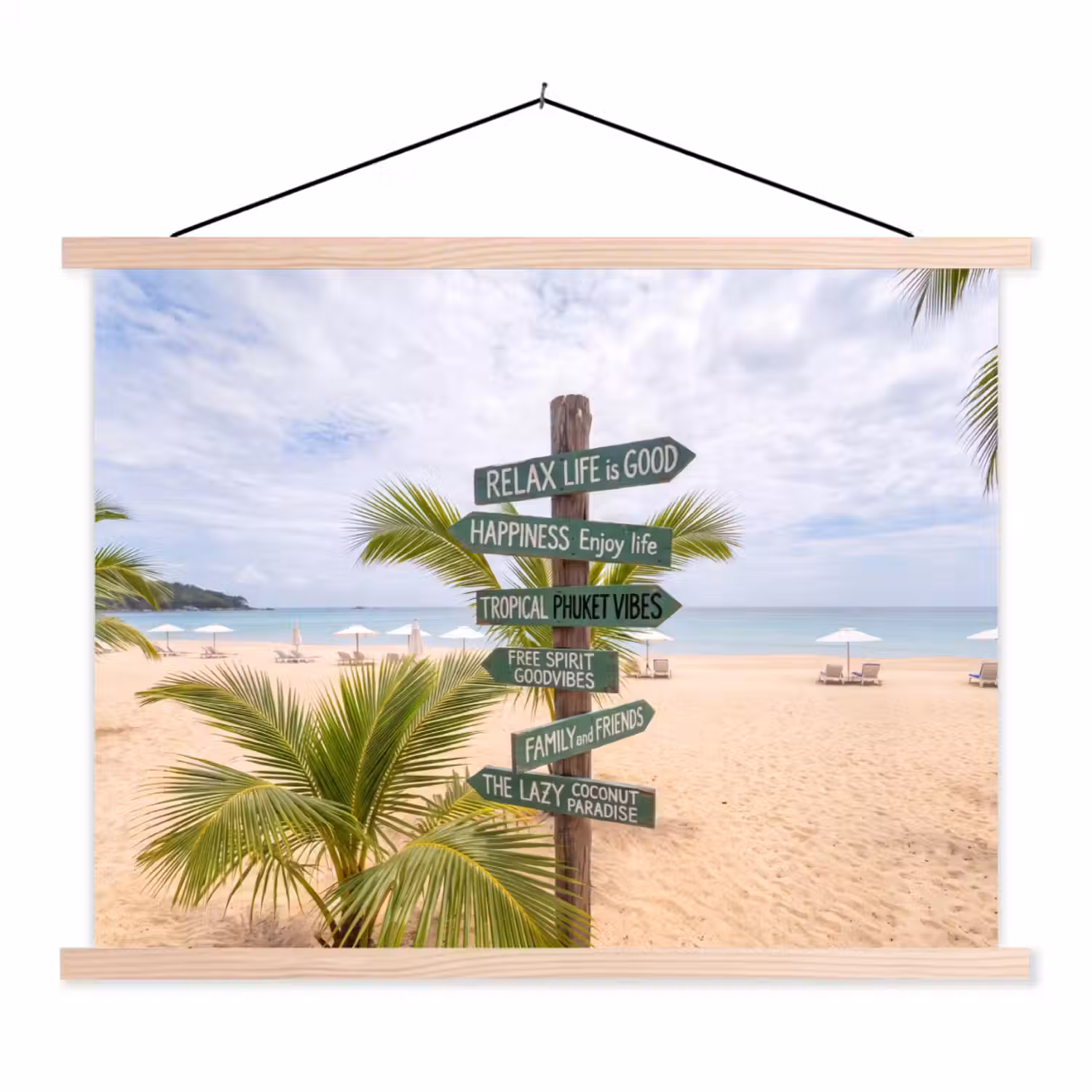 Strand - Wegwijzer - Palmen - Tropisch - Groen textielposter latten blank klein -3d