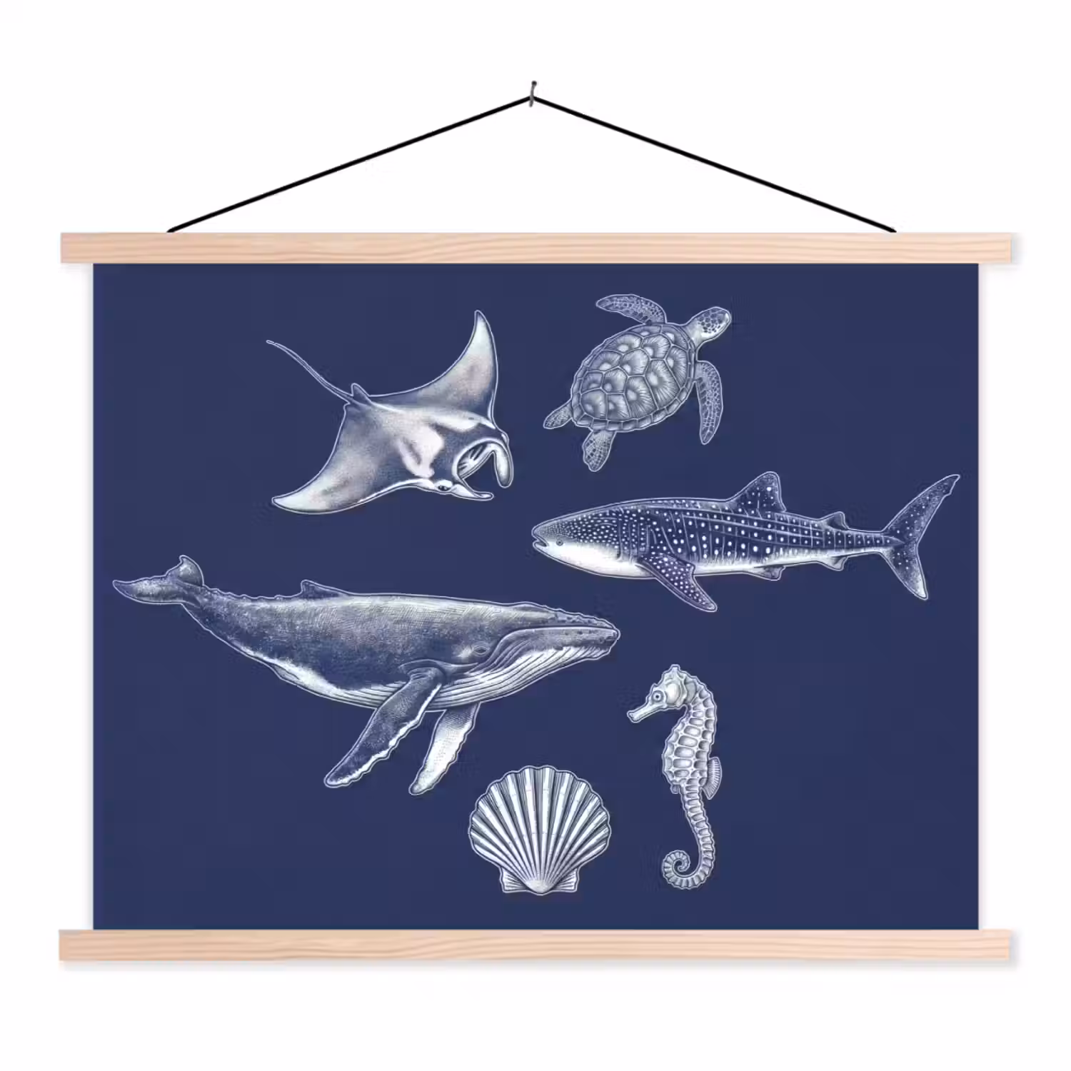 Dieren - Zeeleven - Oceaan - Graveren - Blauw textielposter latten blank klein -3d