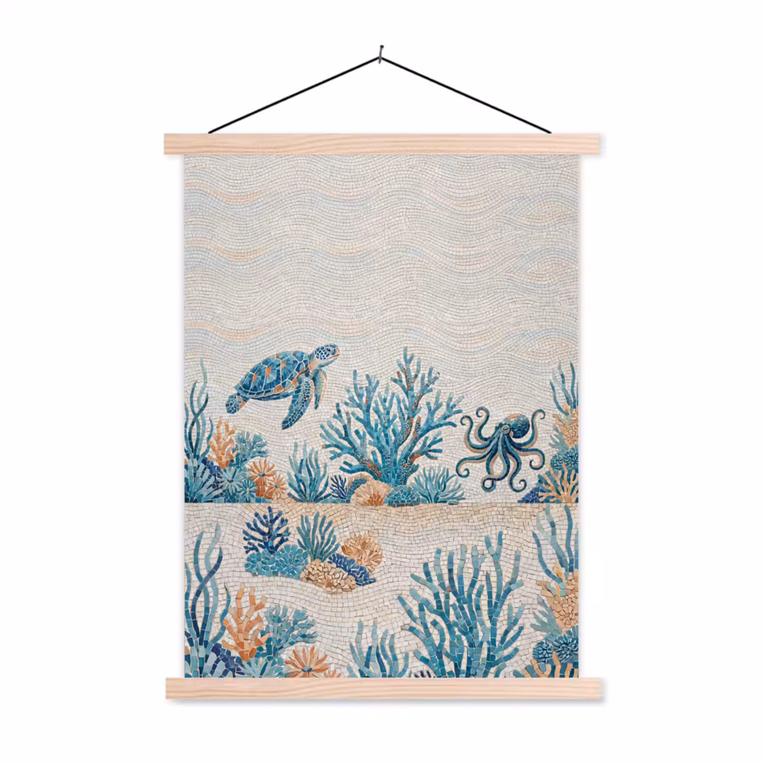 Dieren - Onderwater - Natuur - Mozaïek - Blauw textielposter latten blank klein -3d