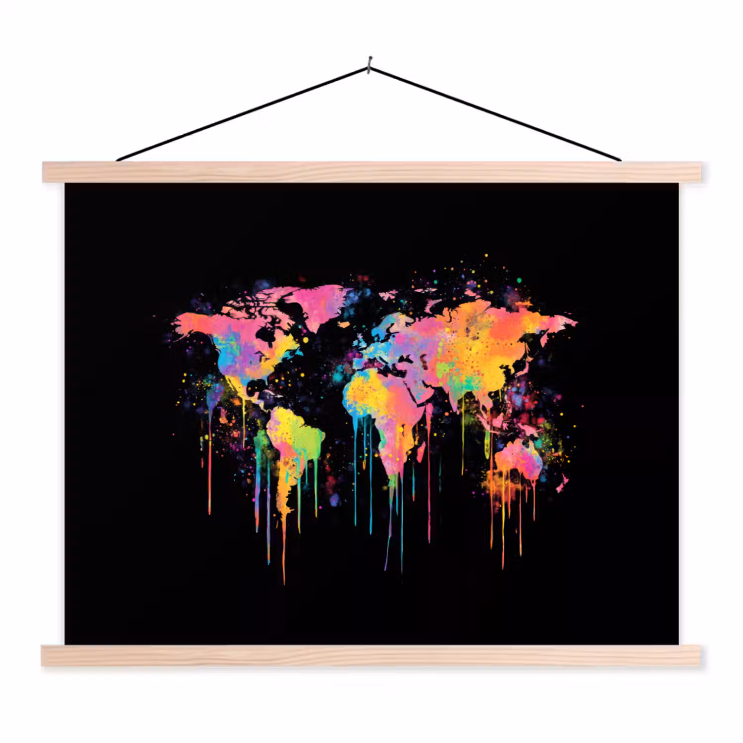 Druipen - Wereldkaart - Kleurrijk - Verticaal textielposter latten blank klein -3d