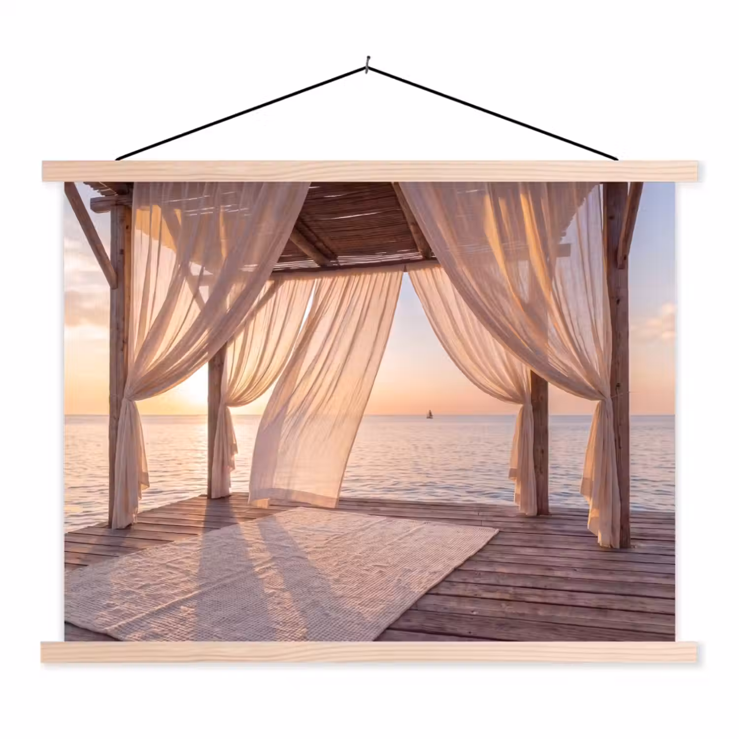 Overkapping - Zee - Zonsondergang - Vakantie - Rust textielposter latten blank klein -3d