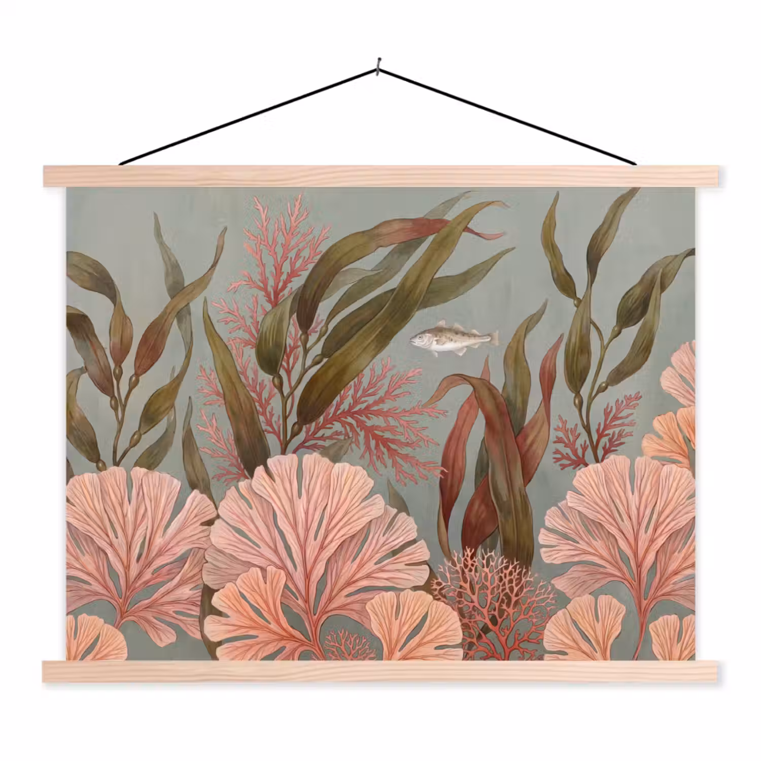 Onderwater - Planten - Vis - Vintage - Groen textielposter latten blank klein -3d