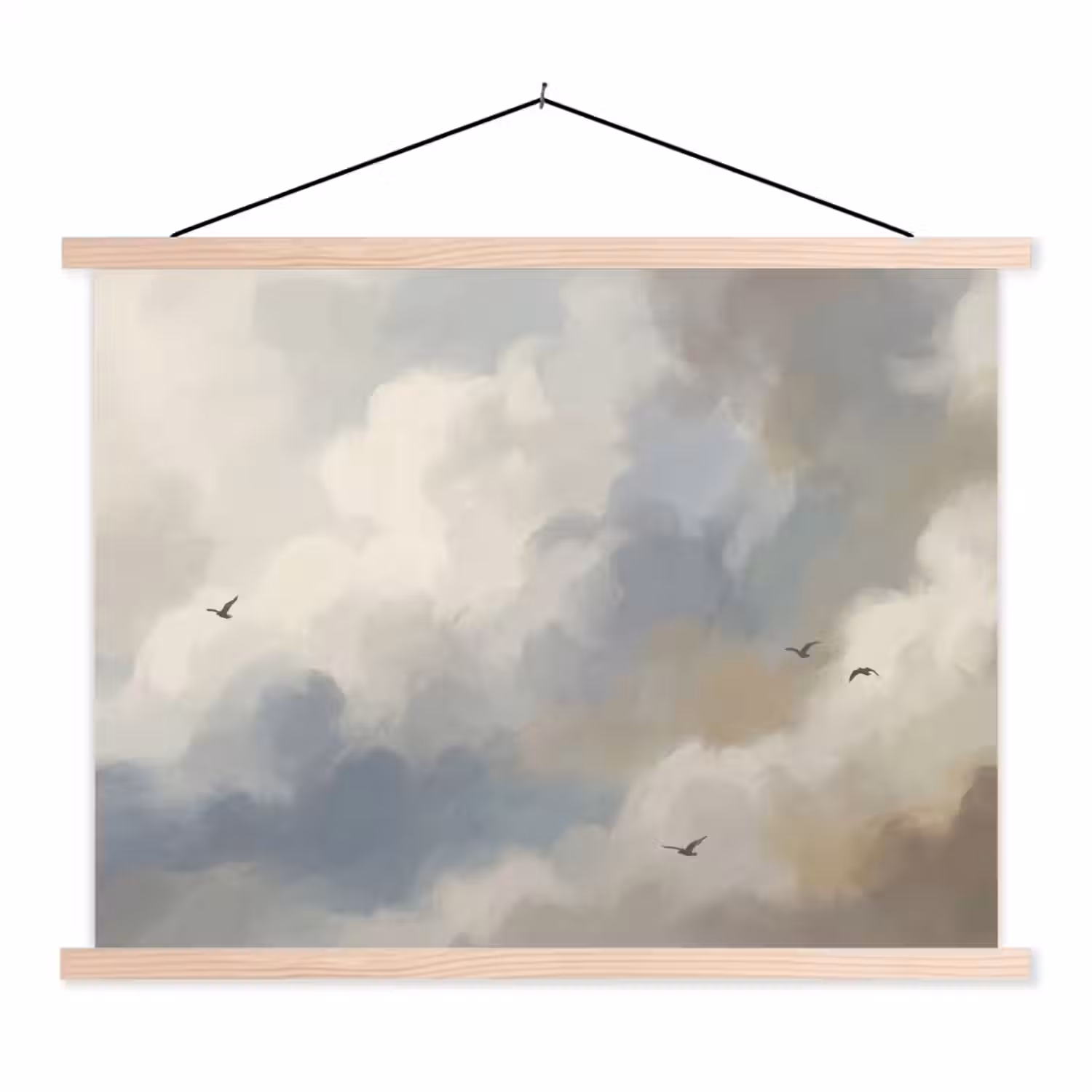 Vogel - Wolken - Natuur - Modern - Grijs textielposter latten blank klein -3d