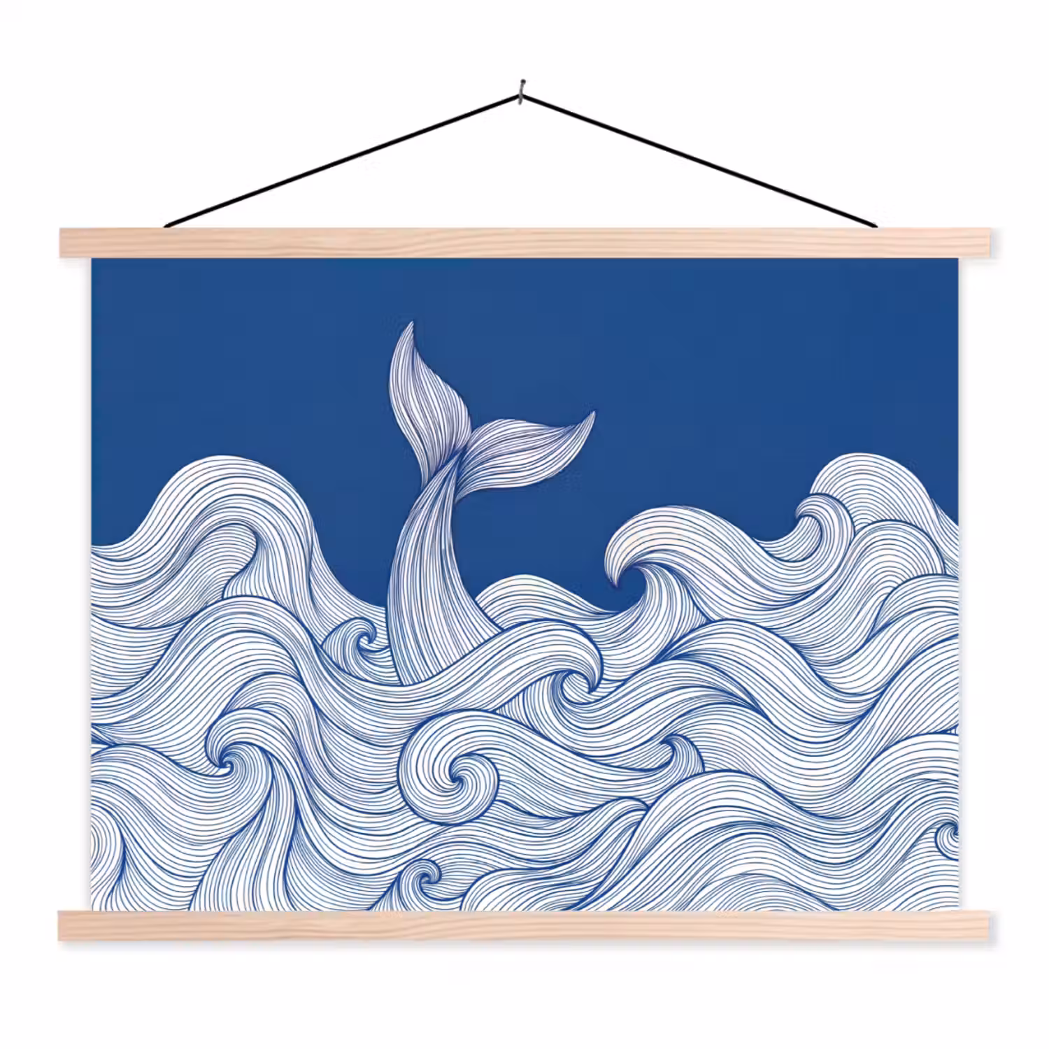Walvis - Staart - Golven - Lijntekening - Blauw textielposter latten blank klein -3d