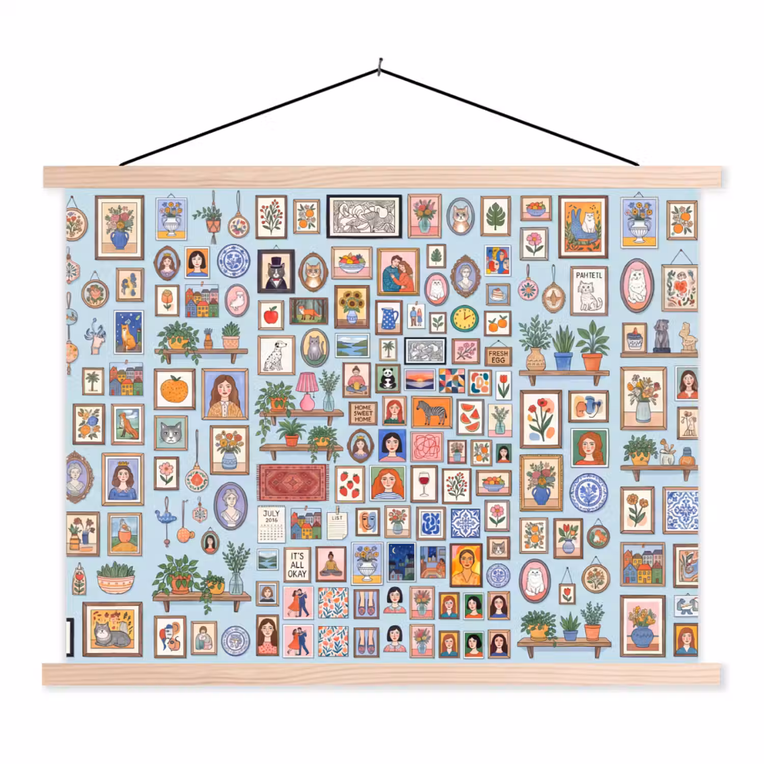 Wanddecoratie - Collectie - Huis - Illustratief - Kleurrijk textielposter latten blank klein -3d