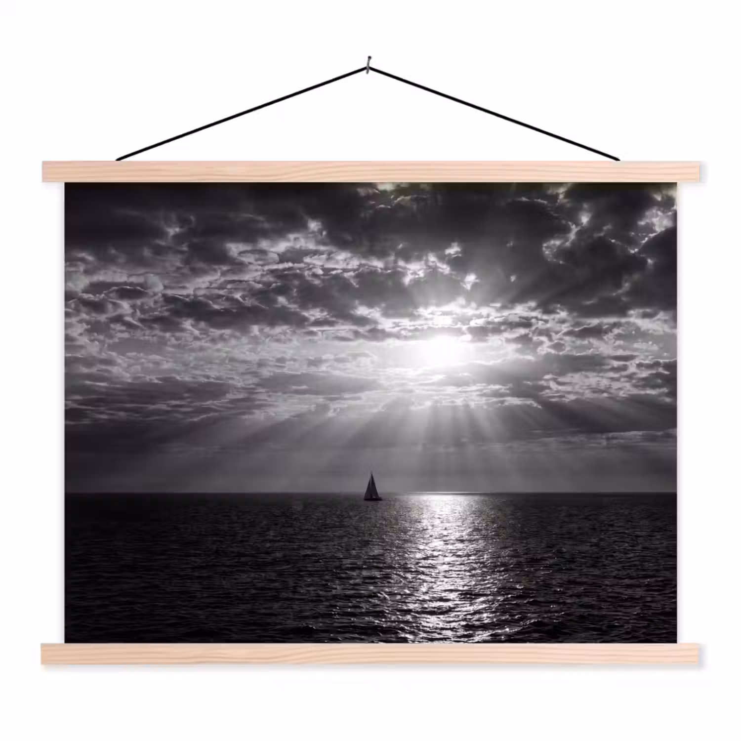 Water - Boot - Lucht - Natuur - Zwart-wit textielposter latten blank klein -3d