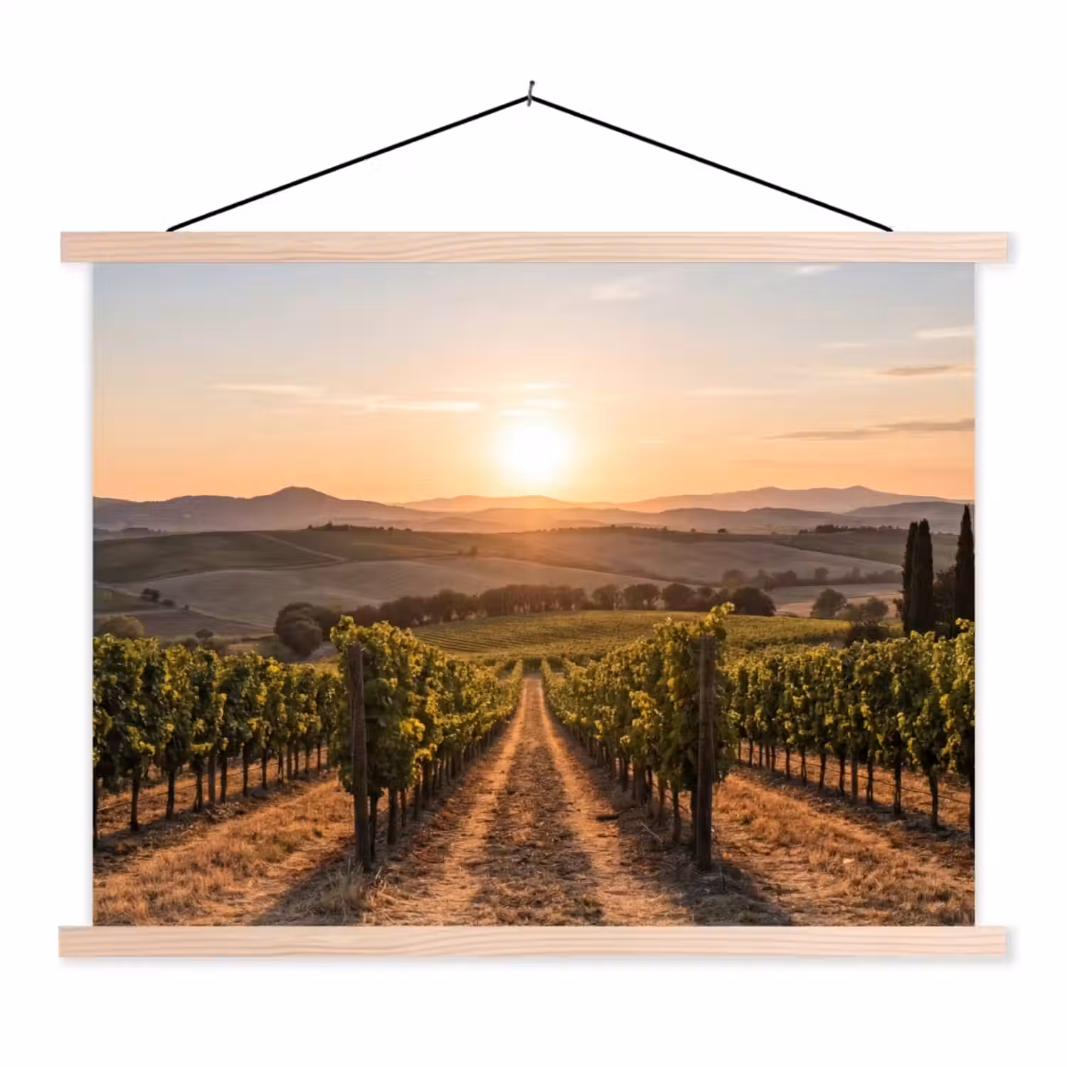 Wijngaard - Zonsondergang - Landschap textielposter latten blank klein -3d